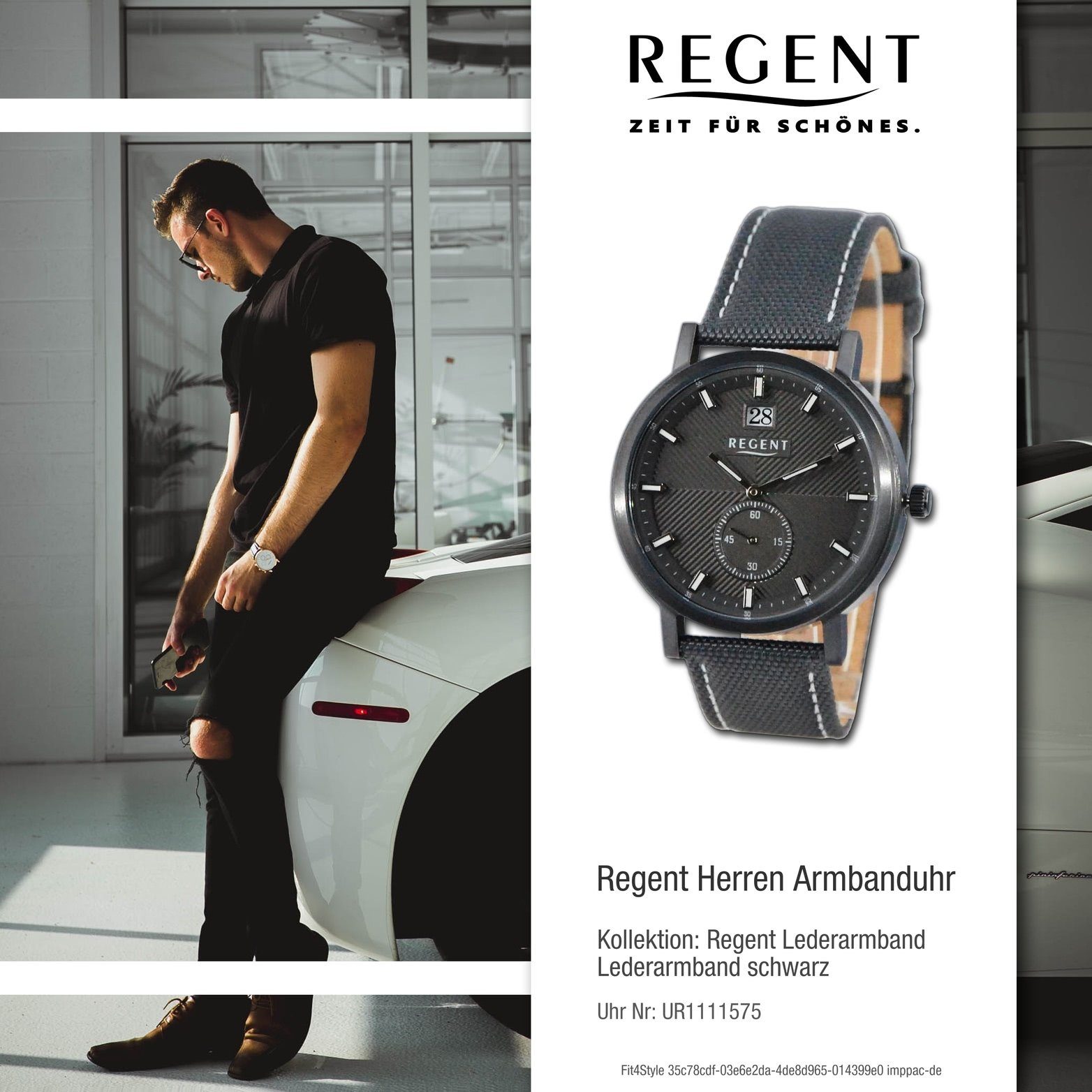 Quarzuhr Herren Herrenuhr Analog, rundes Gehäuse, schwarz, Armbanduhr groß weiss, Lederarmband Regent 39mm) Regent (ca.