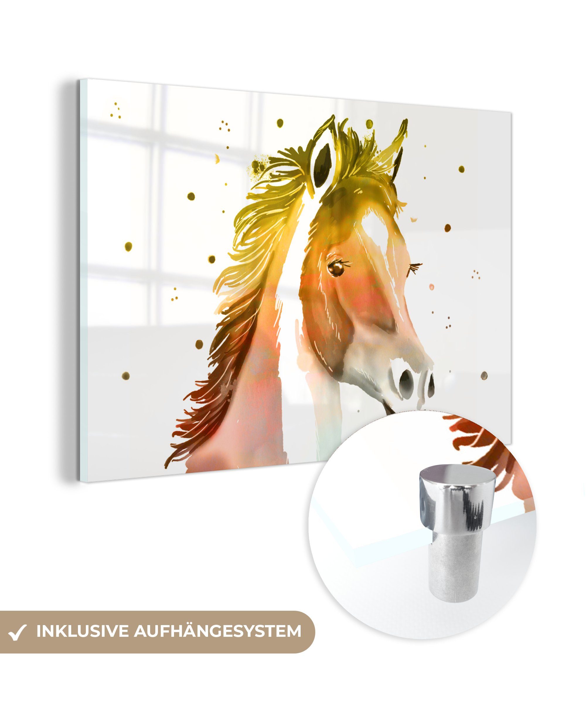 MuchoWow Acrylglasbild Pferd - Farben - Weiß - Mädchen - Kinder - Mädchen, (1 St), Glasbilder - Bilder auf Glas Wandbild - Foto auf Glas - Wanddekoration