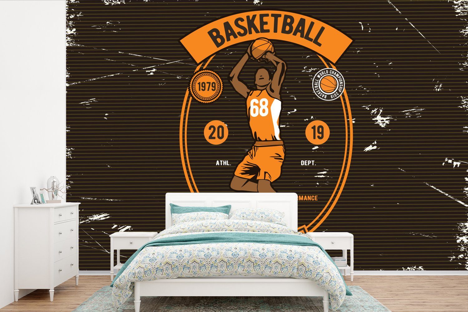 MuchoWow Fototapete Mancave - Basketball - Retro - Orange - Schwarz, Matt, bedruckt, (6 St), Wallpaper für Wohnzimmer, Schlafzimmer, Kinderzimmer, Vinyl Tapete