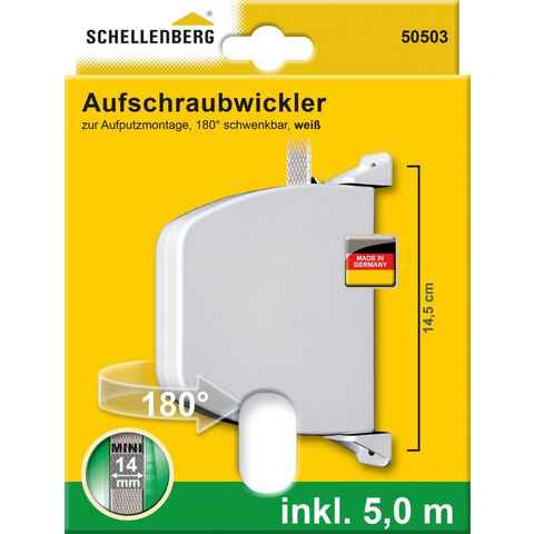 SCHELLENBERG Aufputz-Gurtwickler Aufschraubwickler Mini, Gurtbreite 14 mm, 1-tlg., Aufschraubwickler mit 5mx14mm Rollladengurt, schwenkbar, weiß