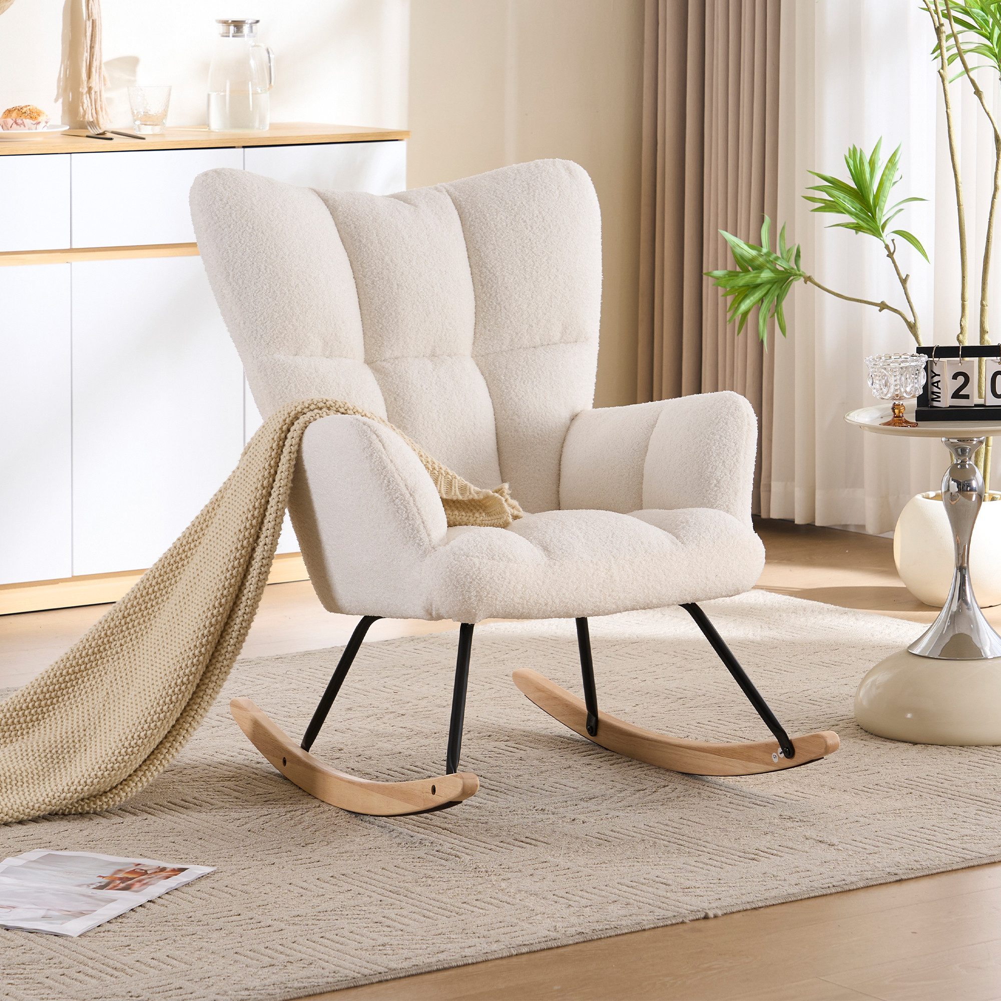 MODFU Schaukelstuhl Sessel, Schaukelfunktion, breite Rückenlehne, Antirutsch-Streifen (Hohe Rückenlehne & dickes Kissen, 1 St), Schaukelsessel wohnzimmer Relaxsessel mit verdickte Polsterung