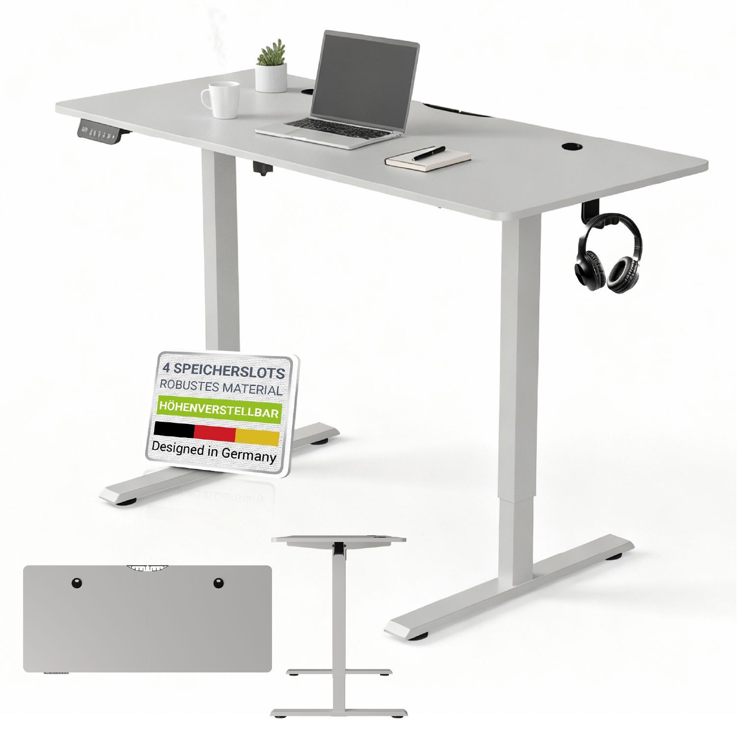 Juskys Schreibtisch Office Stand, 140 x 60 cm, elektrisch verstellbar, Headset-Halterung, Kabelführung