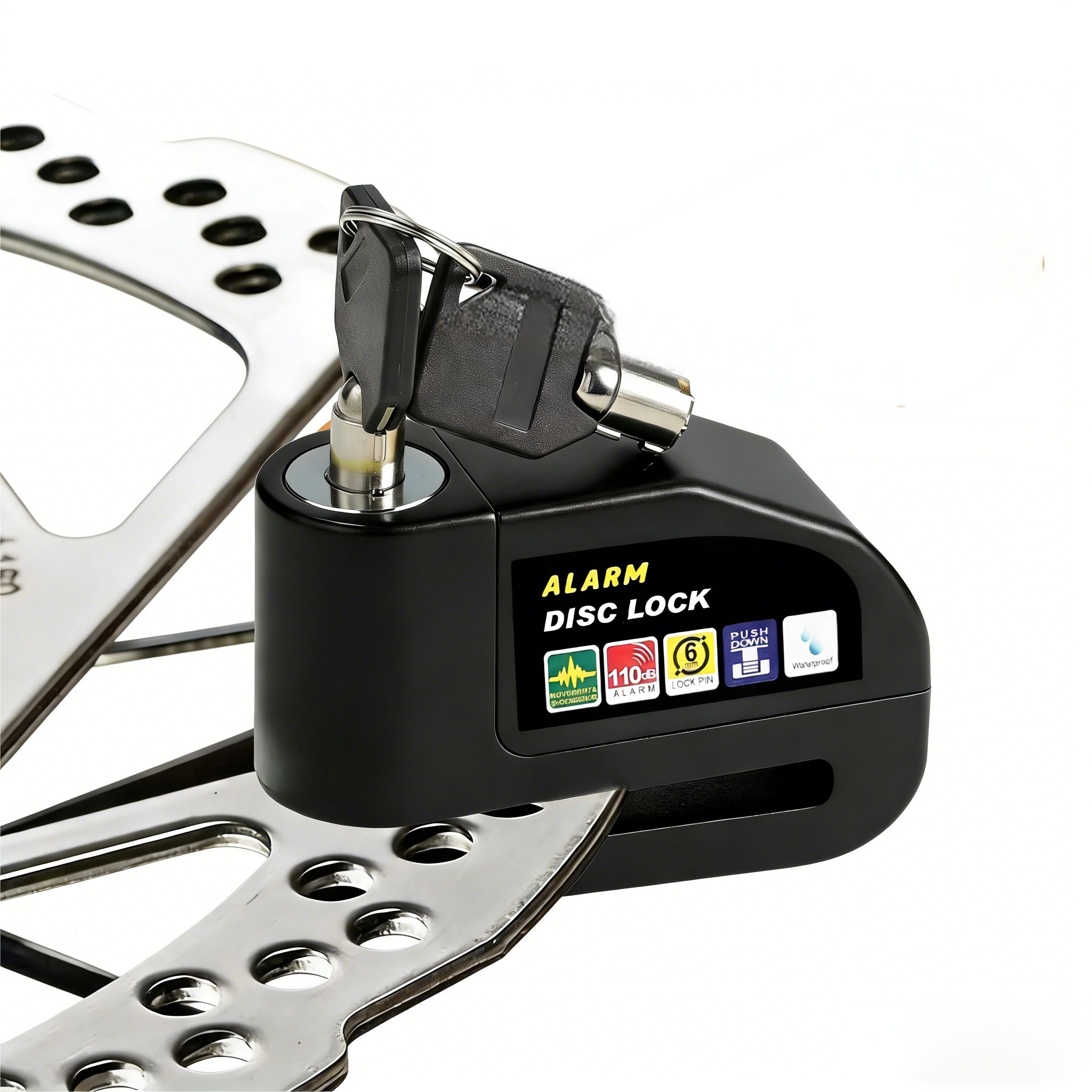 ibettertec Rahmenschloss Bremsscheibenschloss mit 110dB,Diebstahlsicherung,Fahrradschlösser (für Motorrad, Fahrrad, Scooter,Aluminiumgehäuse, Wetterfest & Staubdicht, Fahrrad Alarmanlage, Motorrad Schloss Alarm, 1,2 m Erinnerungskabel)