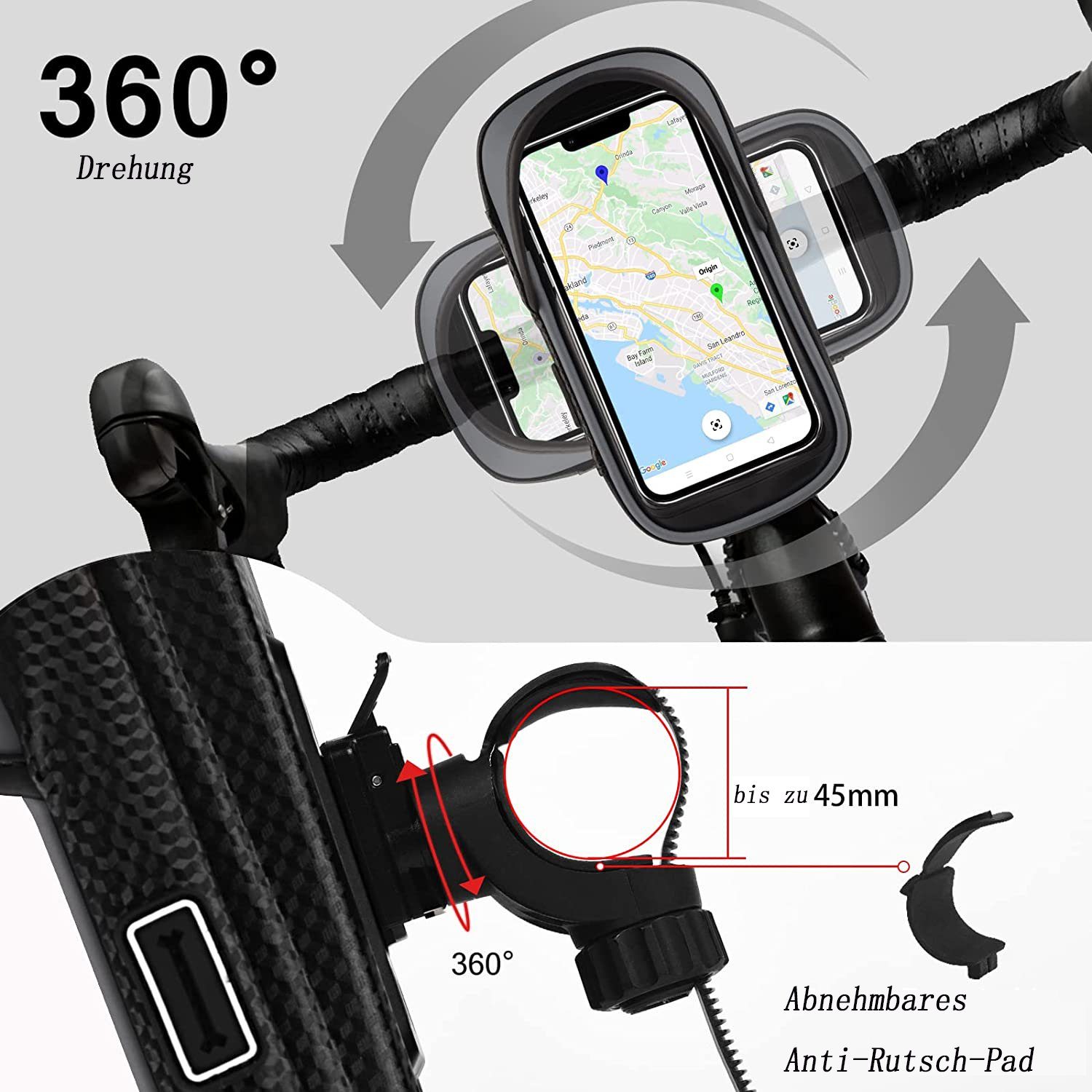 Fahrradlenkertasche Handyhalter Smartphone mit 360° drehbare Fahrradtasche YiYaa Handyhalterung wasserdicht Handytasche mit Sonnenblende Kopfhörerloch TPU Touchscreen Fahrradtaschen 