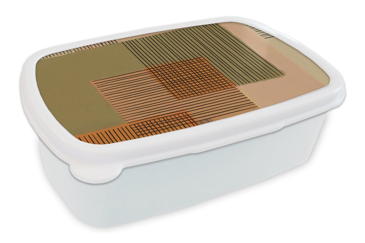 MuchoWow Lunchbox Abstrakt - Linien - Würfel - Patchwork, Kunststoff, (2-tlg), Brotbox für Kinder und Erwachsene, Brotdose, für Jungs und Mädchen weiß