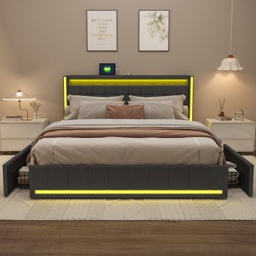 NMonet Polsterbett Doppelbett Stauraumbett (Geeignet für Jugendliche und Kinder), mit LED-Beleuchtung und USB/Type-C Anschlüssen, Leinen, 140x200cm