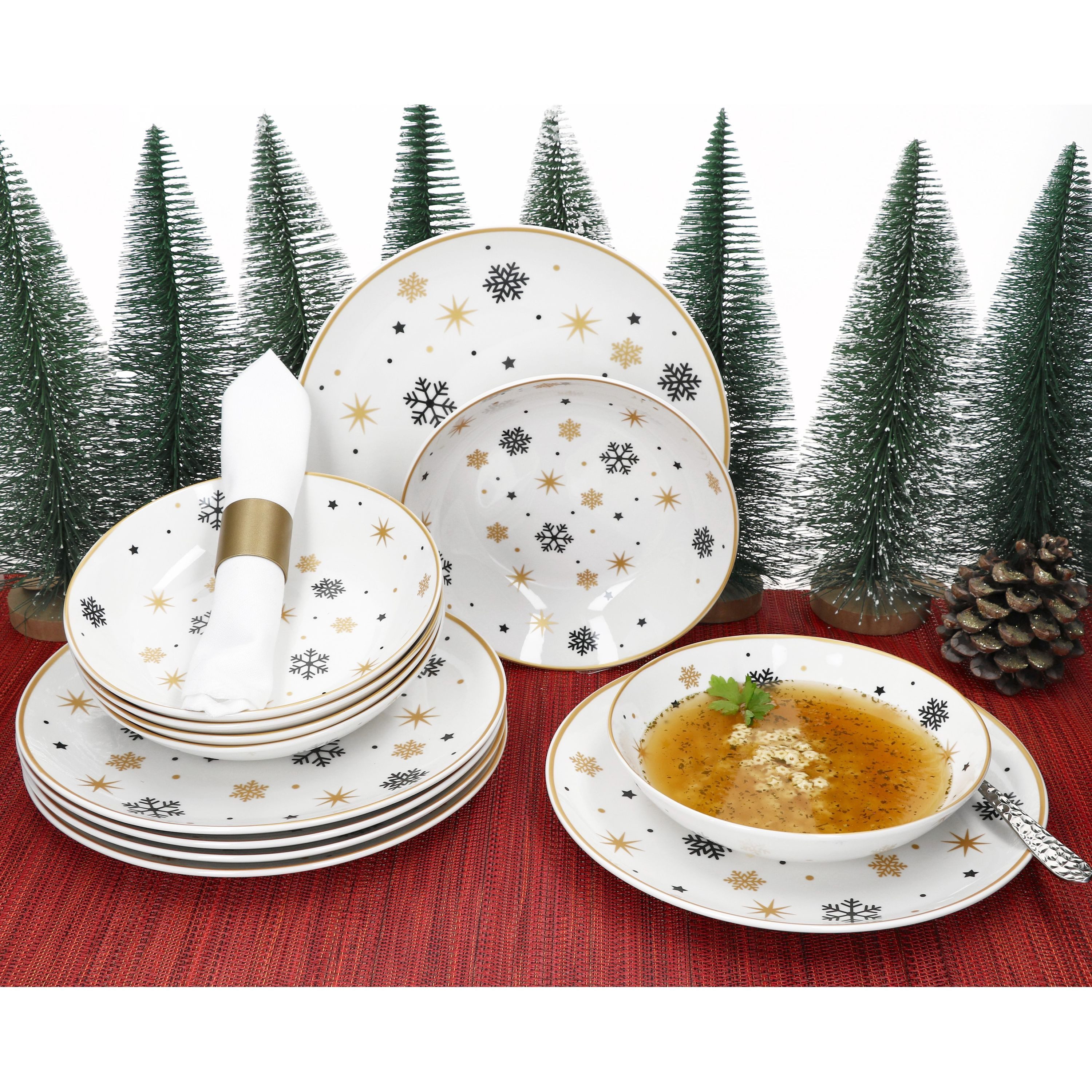 MamboCat Tafelservice 12tlg Tafelservice Stars schwarz gold 6 Personen Weihnachten, Steingut