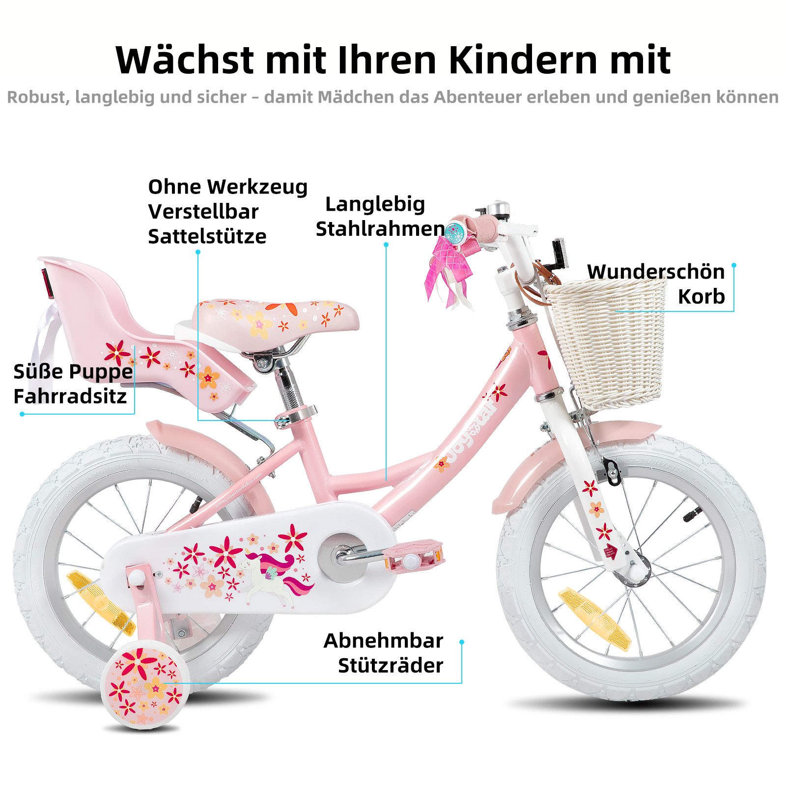 JOYSTAR Kinderfahrrad 12 14 16 18 Zoll Mädchenfahrrad, 3 - 9 Jahre, Geschenk für Prinzessin, 1 Gang, Puppenradsitz & Stützrädern& Korbstreamer, 18 Zoll mit Stützrädern