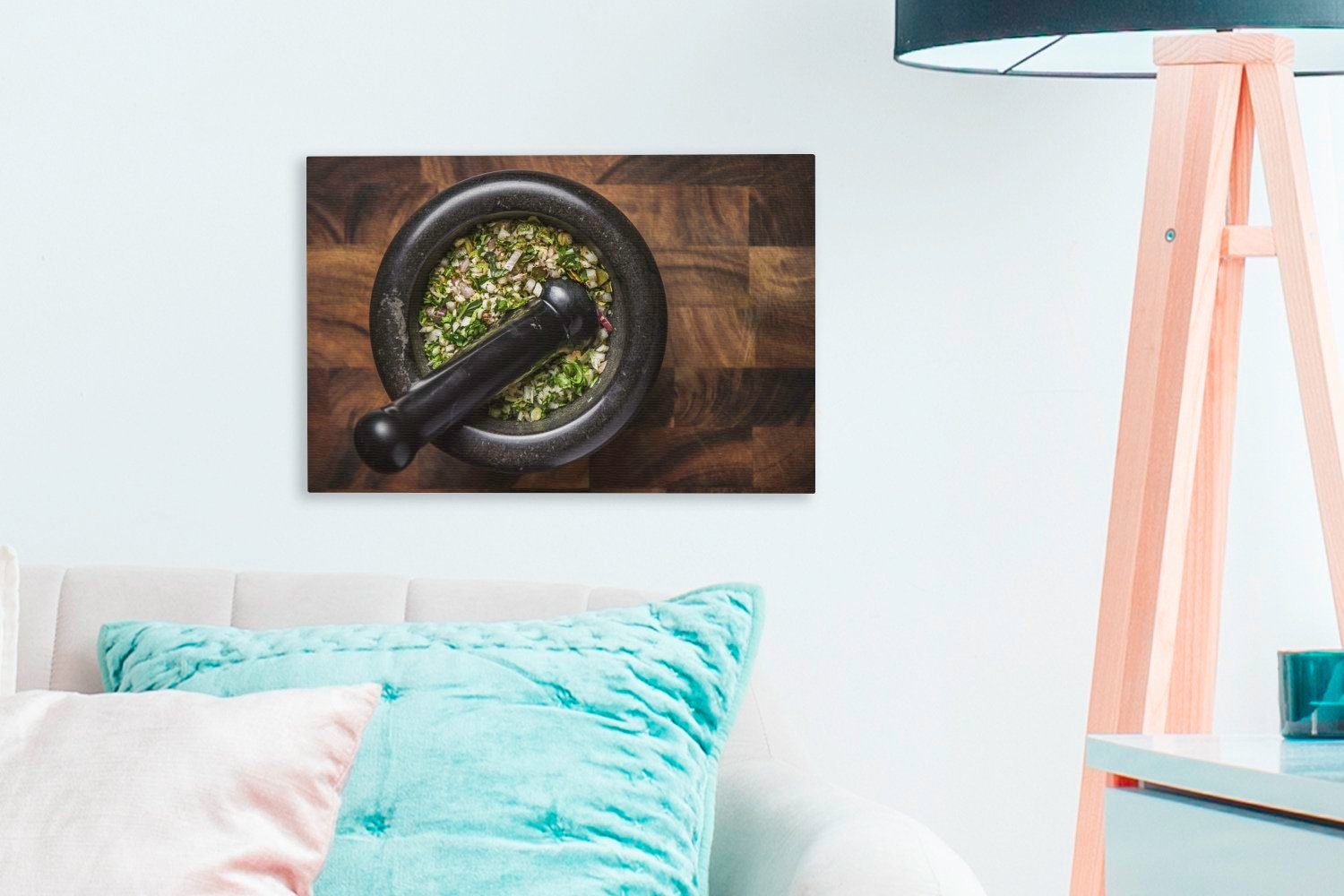 OneMillionCanvasses® Leinwandbild Das grüne Curry (1 Wandbild einem in Aufhängefertig, cm 30x20 Leinwandbilder, St), Wanddeko, Mörser