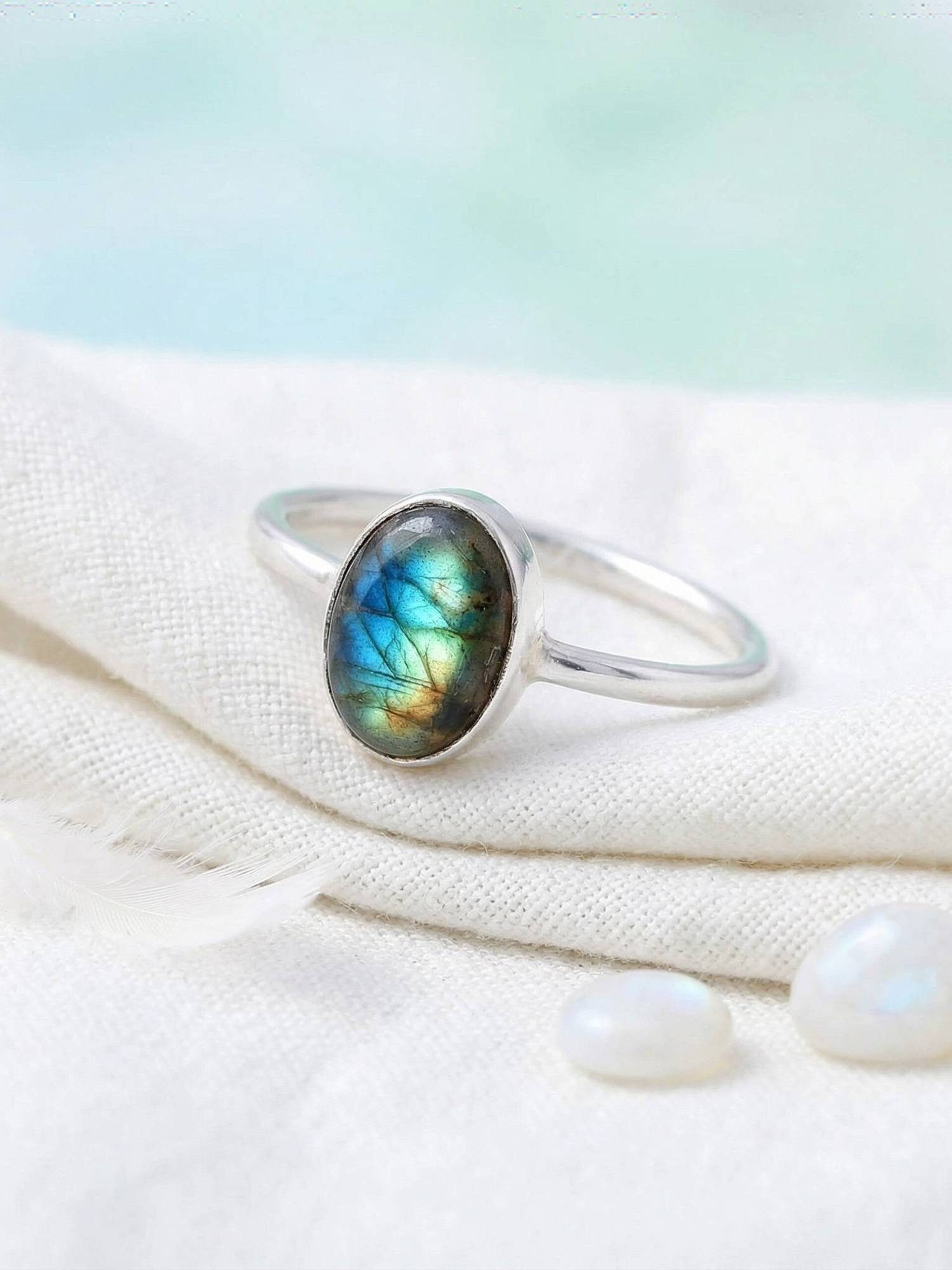 mantraroma Silberring SAMA oval aus 925 Silber mit Labradorit (Ring mit Schmuckbeutel), Damenring aus 925er Silber