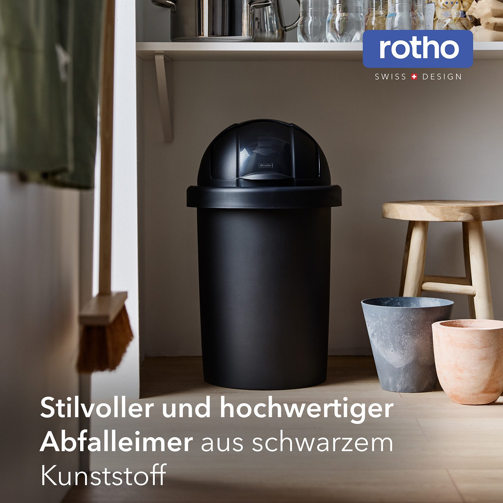ROTHO Mülleimer ROLL BOB Abfalleimer 30 l mit Schiebedeckel geruchsarm, Mülleimer ideal für Küche, Haushalt und Büro