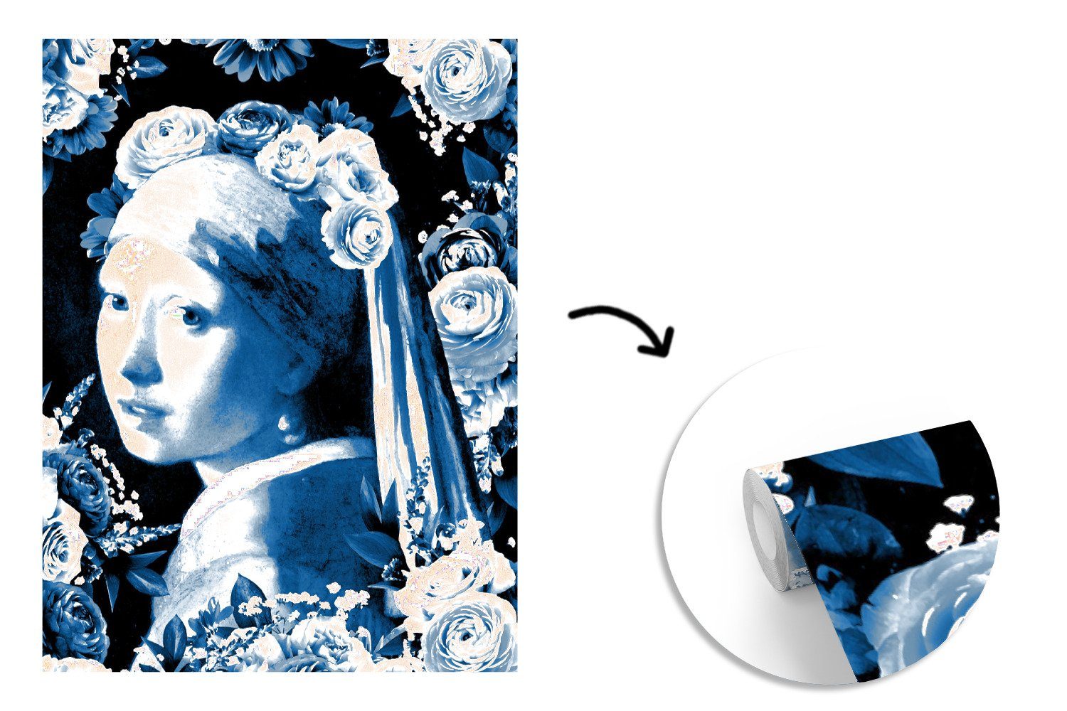 Tapete bedruckt, (4 Fototapete mit Vinyl Blau, Matt, Wohnzimmer, St), Perlenohrring MuchoWow Mädchen Montagefertig Wandtapete - einem Delfter - Rosen für