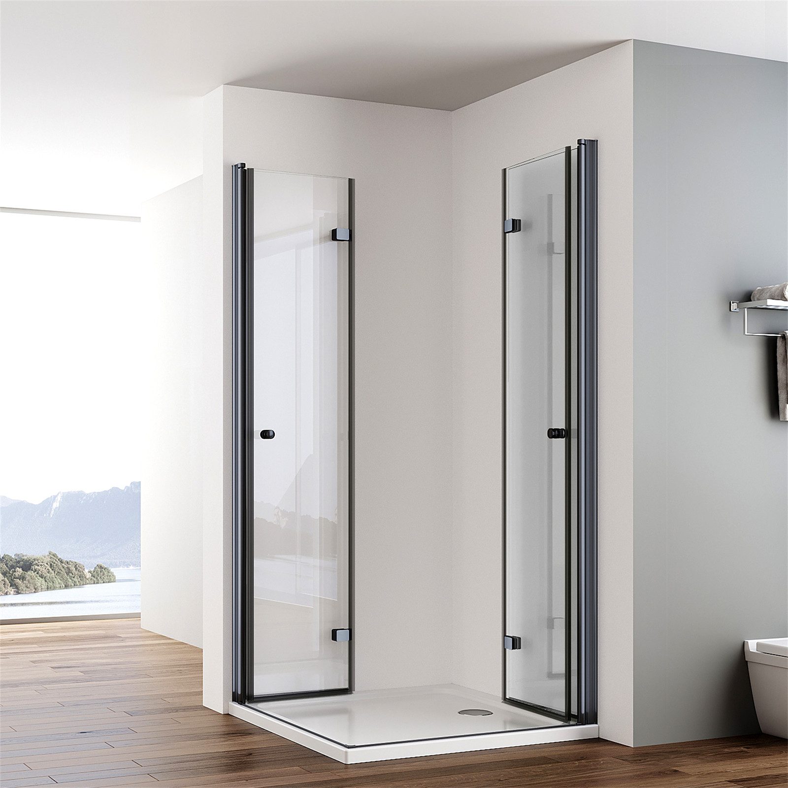 IMPTS Eckdusche Duschkabine Schwarz Eckeinstieg 180º Eckig Faltbar Dusche Falttür, BxT: 70x70 cm, Einscheibensicherheitsglas, Sicherheitsglas, Set, mit hochwertigen Aluminiumprofilen in Matt Schwarz, Doppel Falttüren Falttürkabine Duschabtrennung Rahmenlos