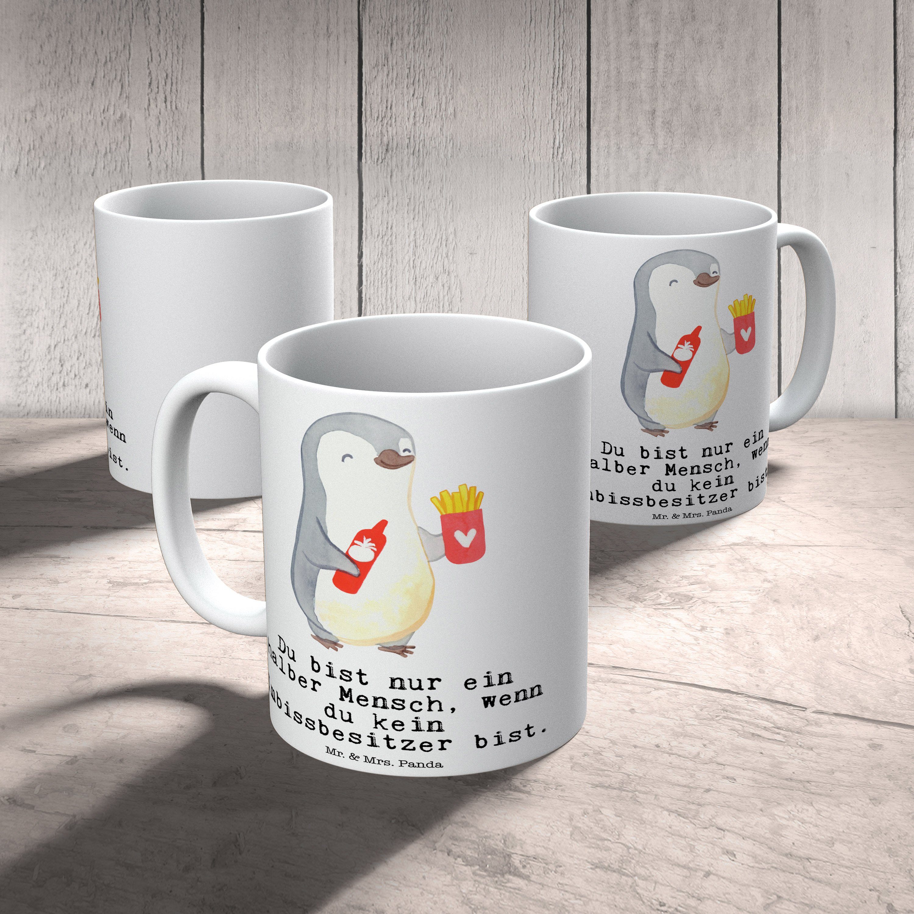 Herz - mit Mrs. Pommes & mit Imbissbesitzer - Panda Tasse Teebecher, Weiß Geschenk, Ketc, Keramik Mr.