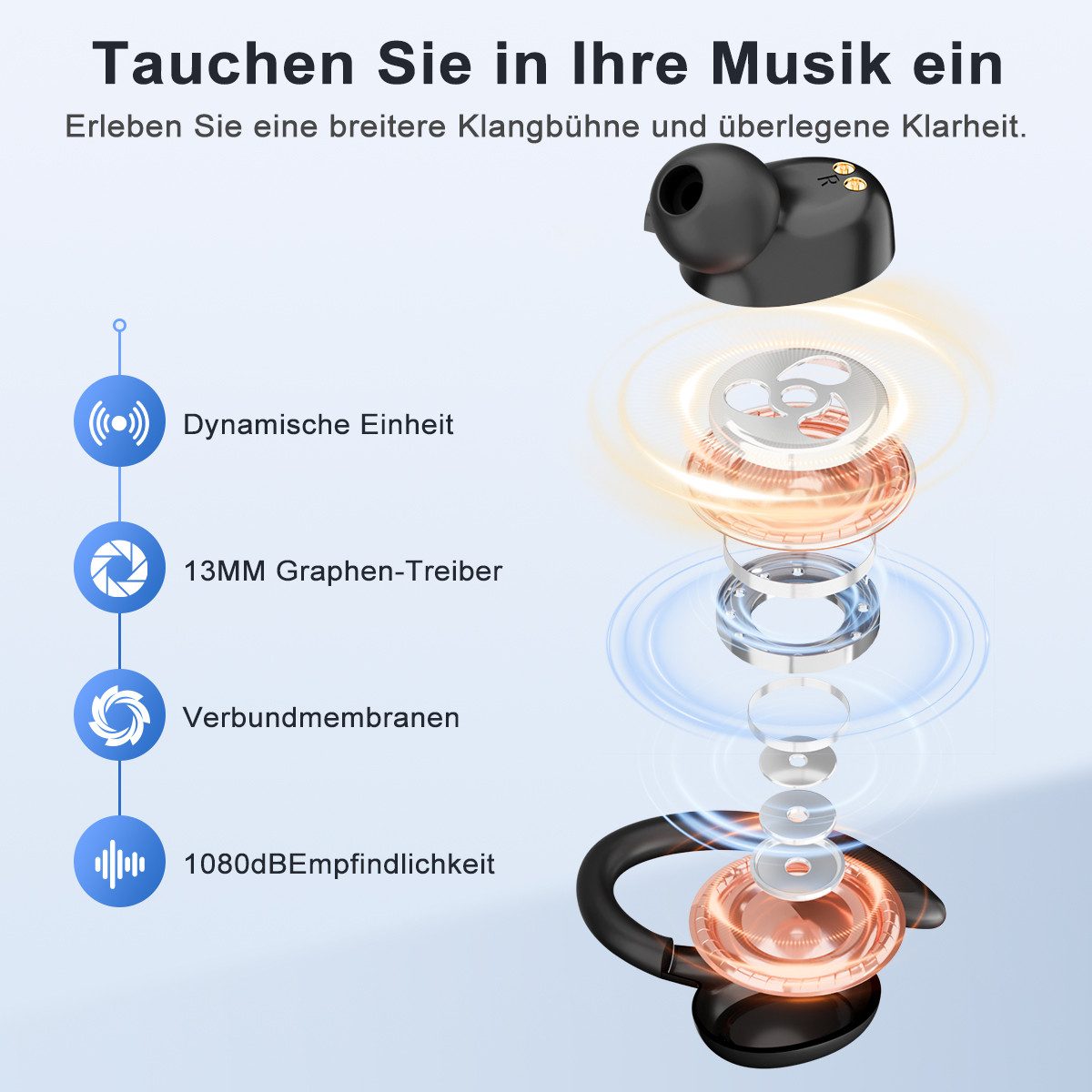 VSIUO Surround Sound Mit Mikrofon Gaming-Headset (Ergonomisches Ohrbügel-Design, Siri, Voice Assistant, ENC Rauschunterdrückung, Bluetooth 5.4)