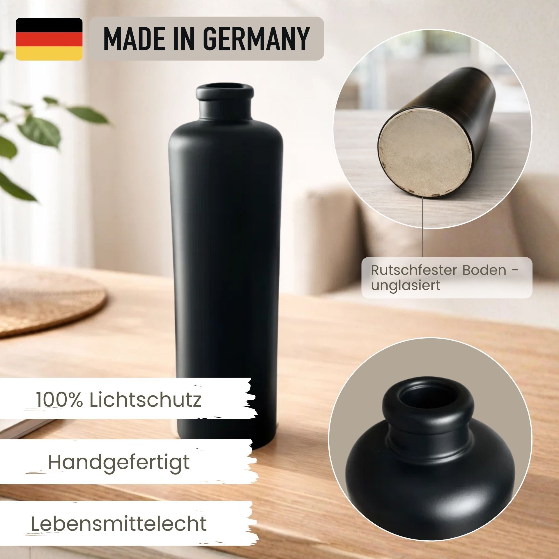 mikken Ölspender Ölflasche 500 ml matt schwarz Steinzeug mit Ausgießer & Deckel, luftdicht, Dosierflasche, matt schwarze Keramikflasche 0,5 Liter – Bild 3 von 5