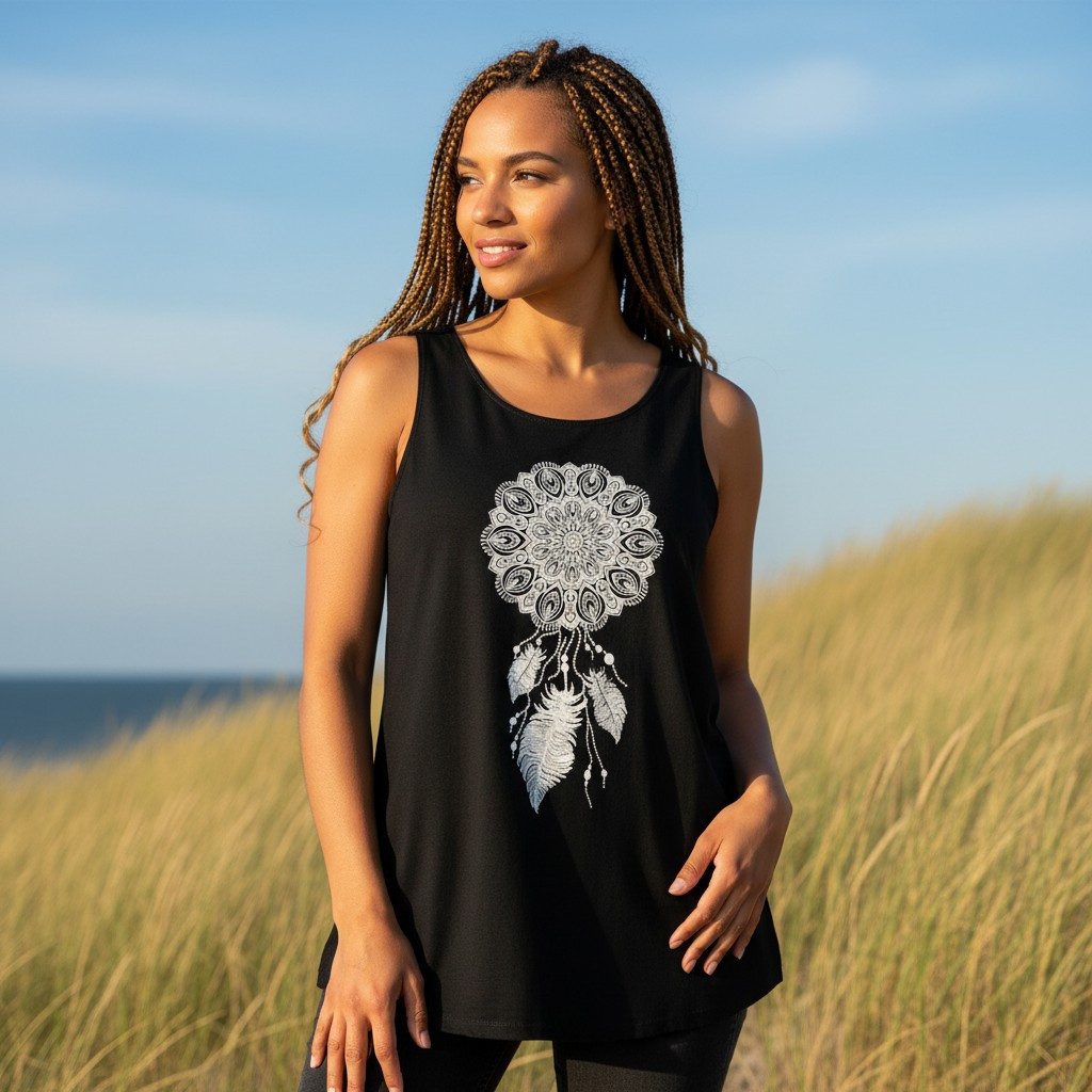 Guru-Shop T-Shirt Retro Art Tanktop mit Ethnodruck - Traumfänger.. Festival, Hippie, Ethno Style, alternative Bekleidung