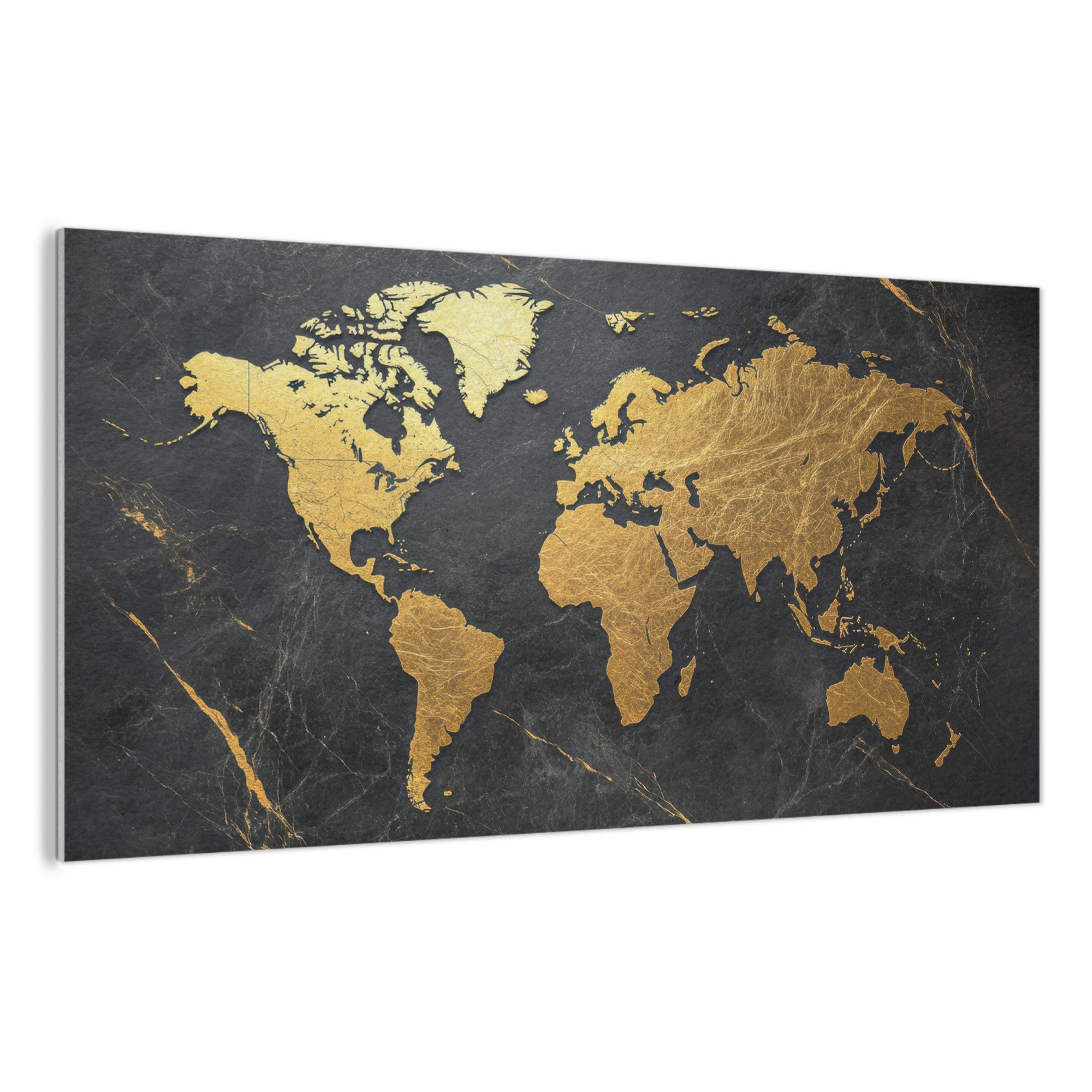 MuchoWow Gemälde Weltkarte - Gold - Marmor, Fotodruck (1 St), Akustikbilder PET-Filz, Wandpaneele, Groß, Akustikpaneele 200x100 cm