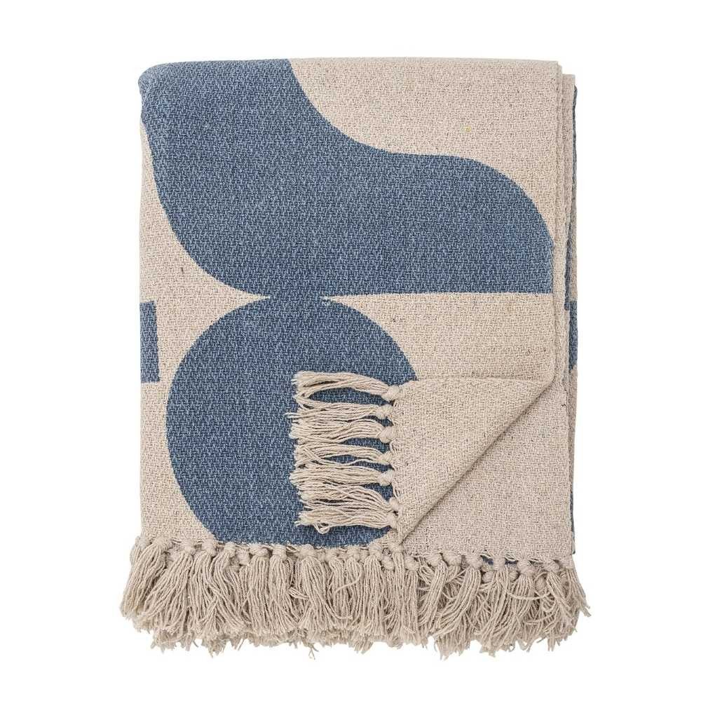 Wolldecke Bloomingville Decke AGNO Natur Blau Gemustert 160x130 cm, Bloomingville