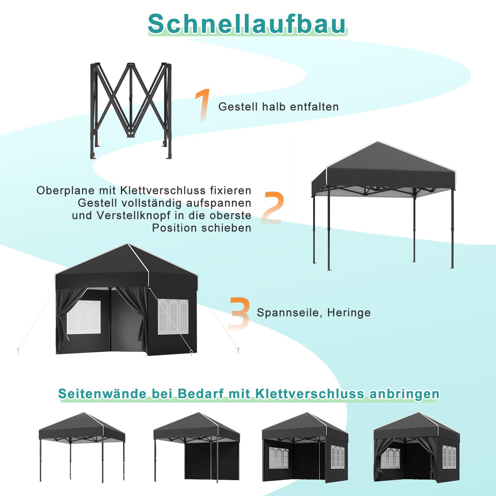 GUNJI Faltpavillon 3x3/3x4.5/3x6m Gartenpavillon mit 4 seitenteilen wasserdicht UV-Schutz, (Partyzelt höhenverstellbarer für Garten Camping), mit Tragetasche &  – Bild 5 von 5