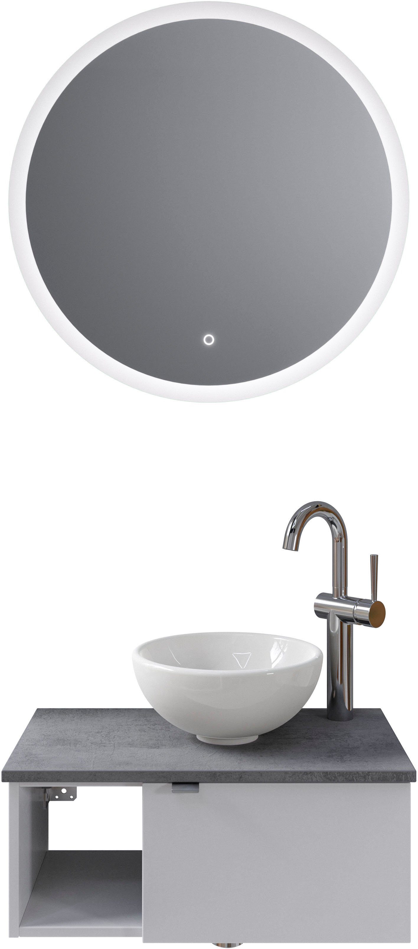 Saphir Badmöbel-Set Serie 6915, (4-St), Gäste-Bad, 70 cm breit, mit LED-Spiegel, offenem Fach und 1 Tür