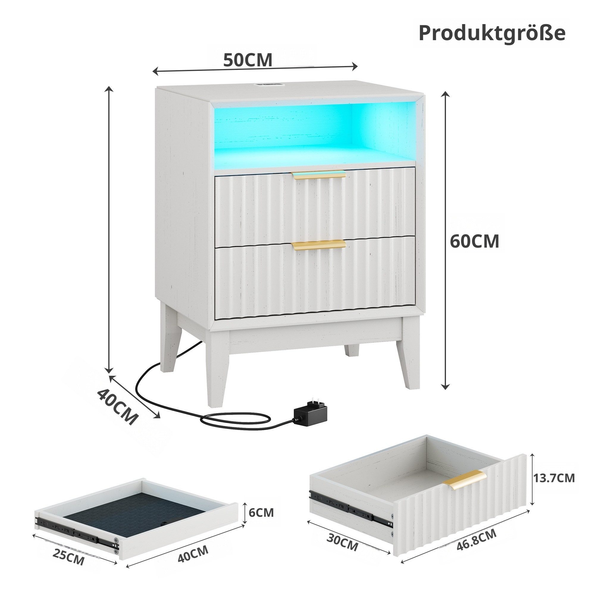 LVSOMT Nachttisch im Mid-Century-Modern-Stil, mit Ladestation und LED-Beleuchtung (1-St), versteckte Schublade mit RFID-Schloss & offenes Ablagefach