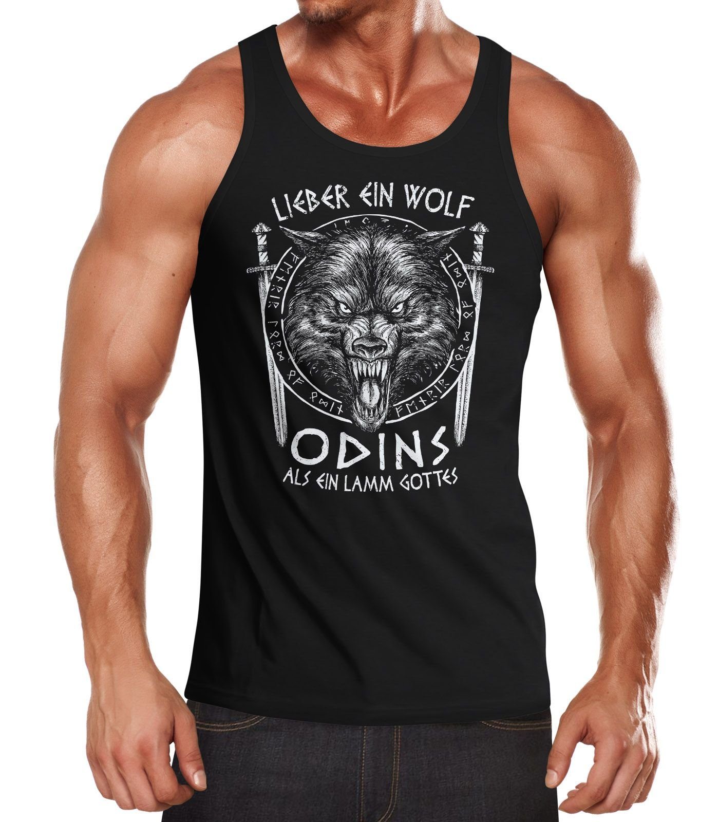 Herren Shirt Odins Muscle Wolf Print nordische Tanktop Mythologie Tank-Top mit ein Lamm als Muskelshirt Neverless® Neverless ein Lieber Wikinger Gottes