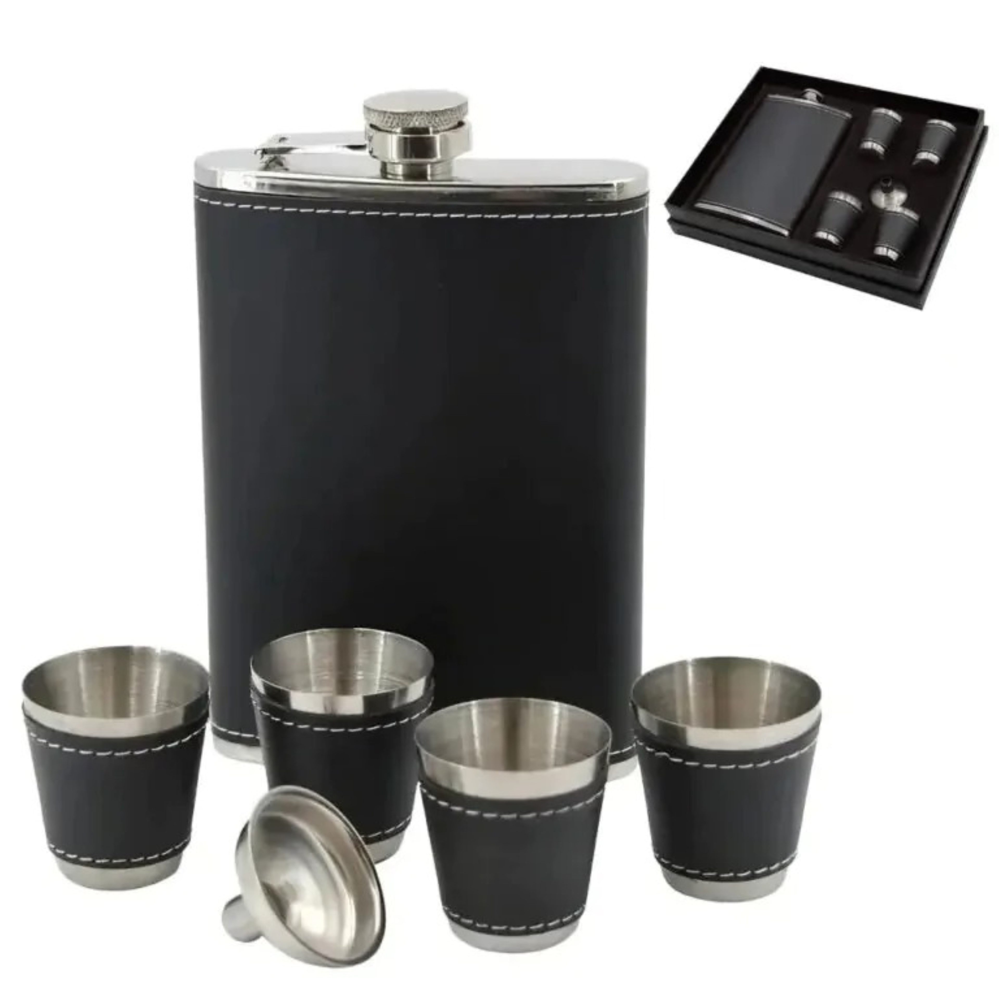 HURTNET Flachmann Flachmann Set 270ml mit 4 Bechern und Etui – Perfektes Geschenk, Edelstahl-Flachmann mit 4 Bechern, Trichter & Etui in Geschenkbox