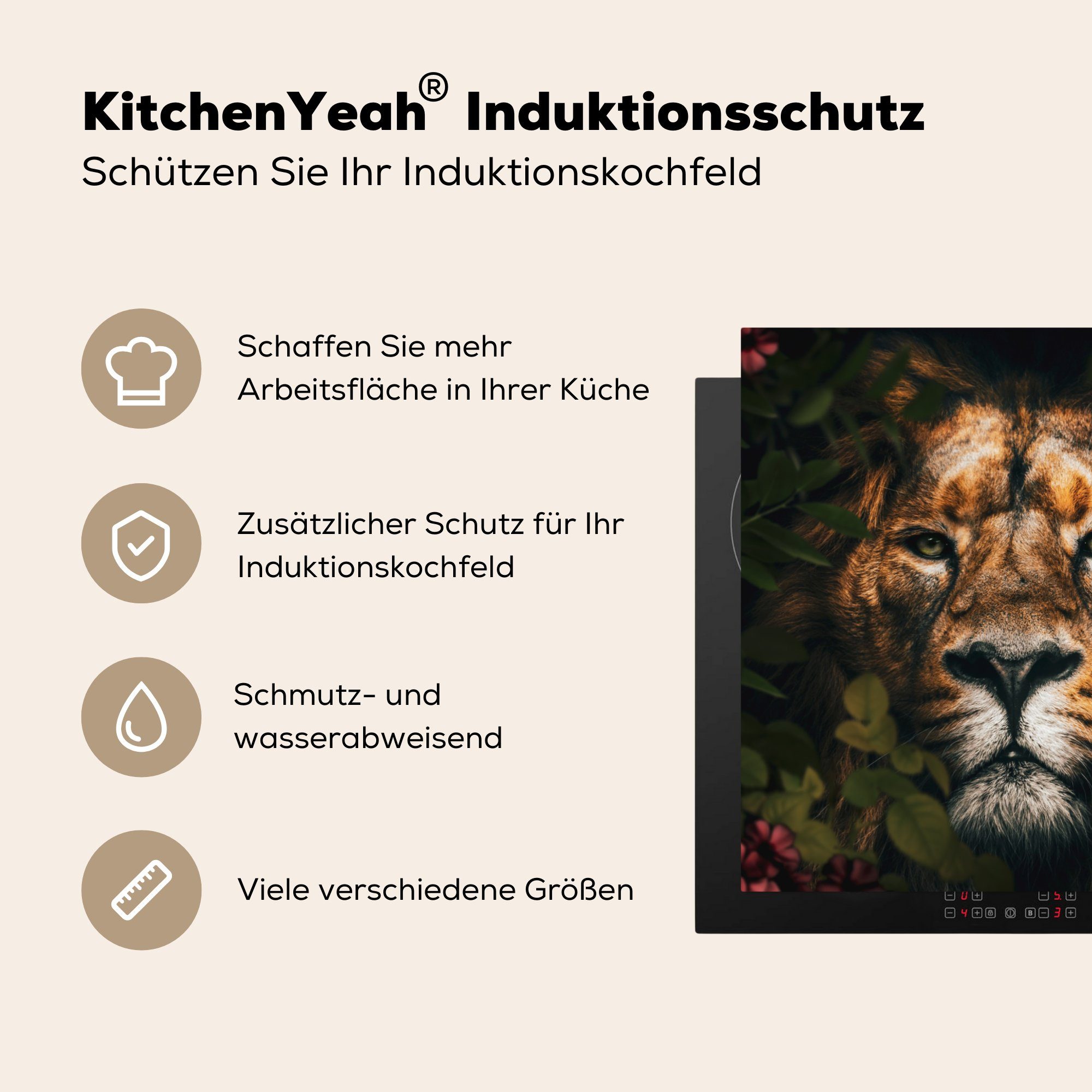 - 78x78 Vinyl, MuchoWow Tiere für Dschungel, - Ceranfeldabdeckung, cm, tlg), Herdblende-/Abdeckplatte (1 Löwe küche Arbeitsplatte