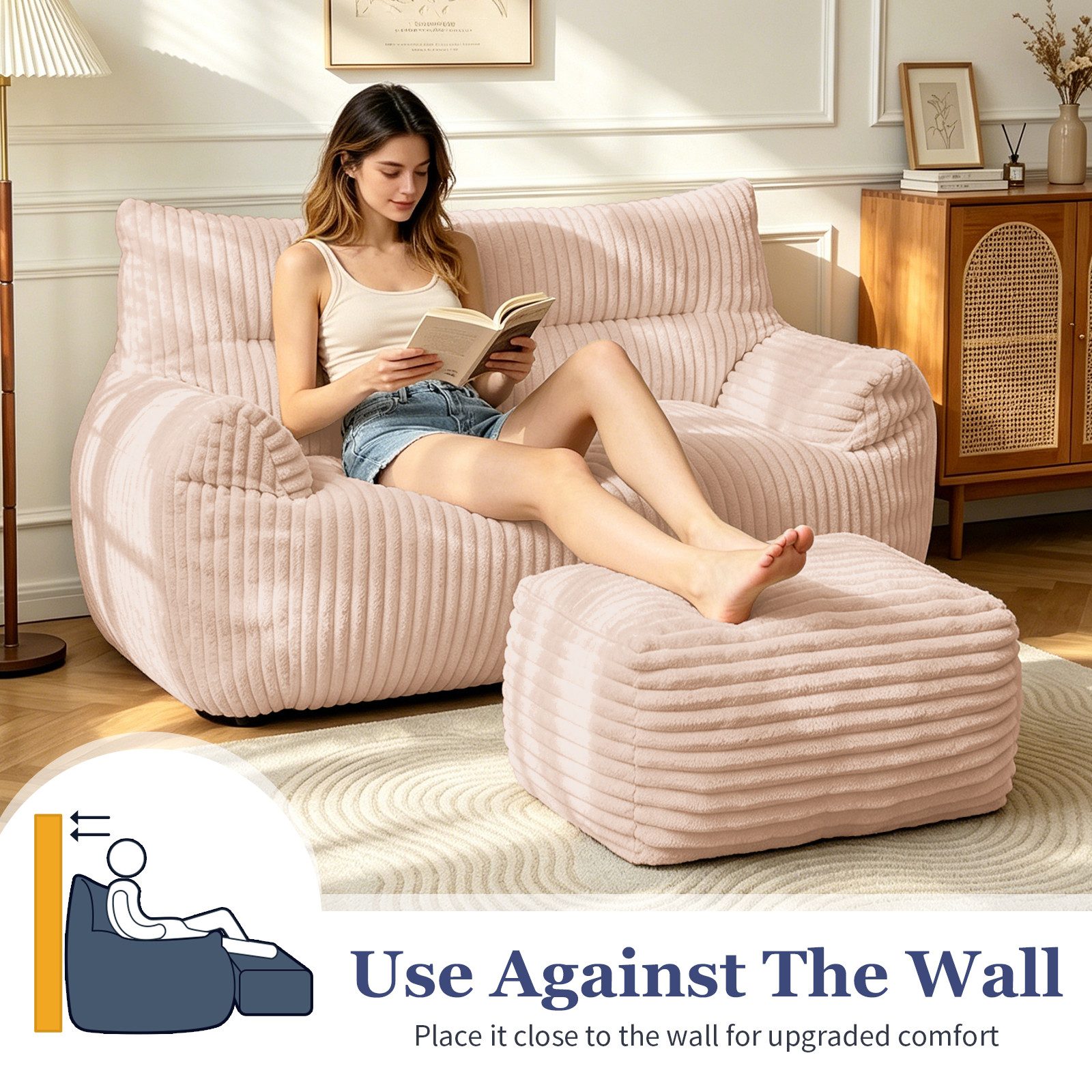 Odikalo 2-Sitzer Sofas wohnzimmer Loungesofa Relaxsessel Sitzsack mit Schlaffunktion, Doppel-Sitzsack mit Hocker–Große Sitzsack-Lounger für Erwachsene Jugendlic – Bild 2 von 5
