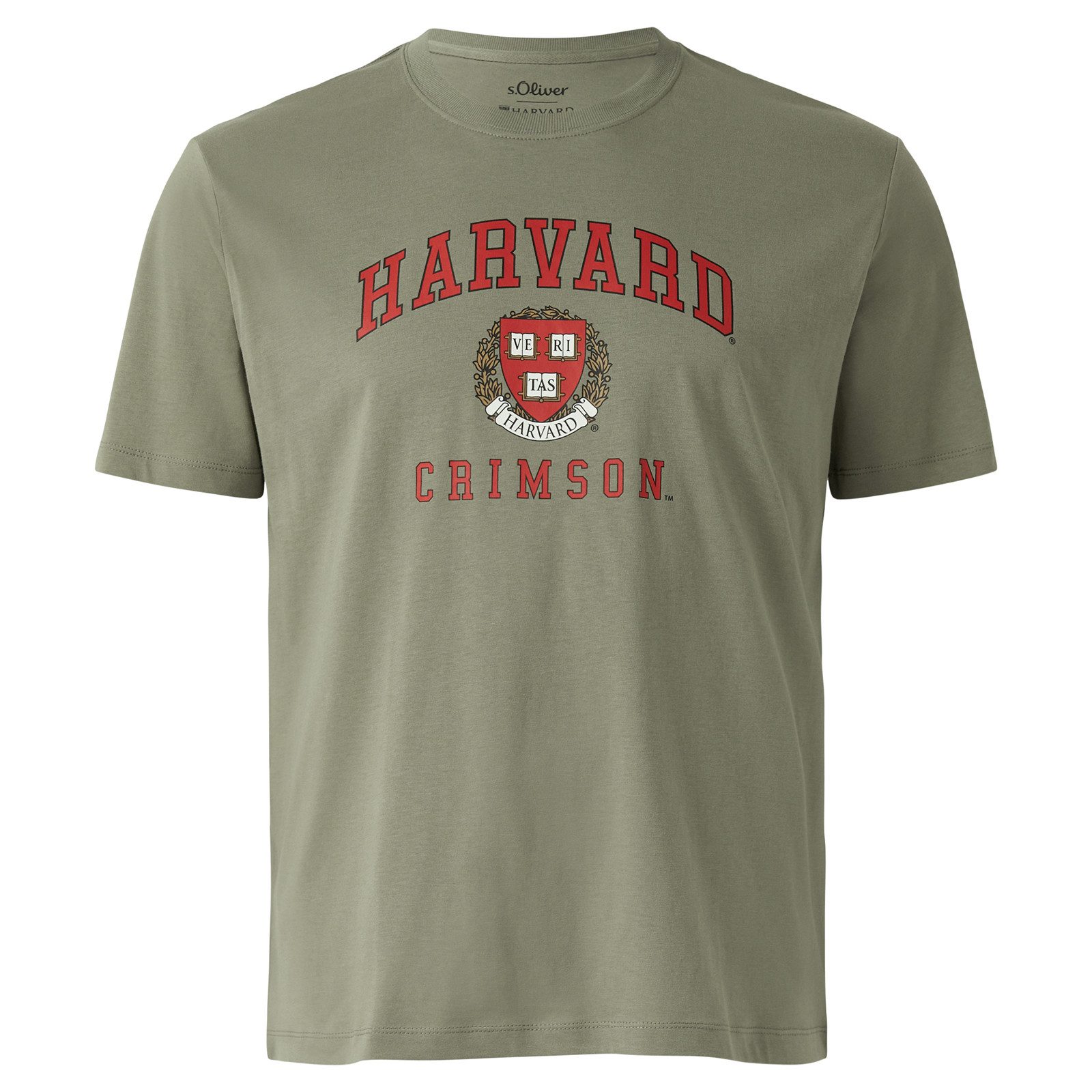 s.Oliver Rundhalsshirt s.Oliver Übergrößen khaki T-Shirt Harvard®-Print