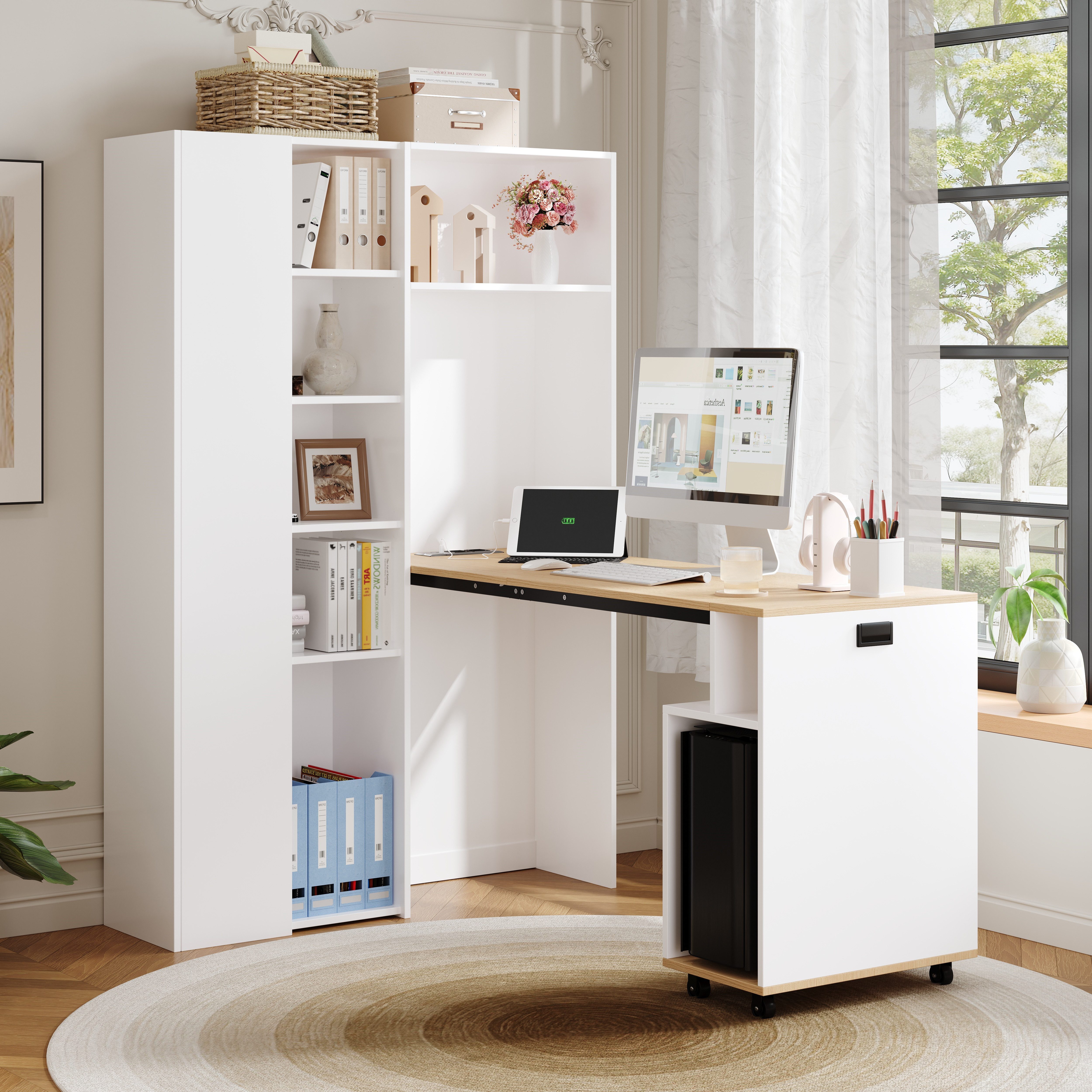 REDOM Eckschreibtisch Schreibtisch und Regal, mit Steckdosen (klappbar Schreibtisch, Eck-Tisch, 1-St., höhenverstellbare Ablagen), mit Steckdose, USB-Anschluss und Kippschutz