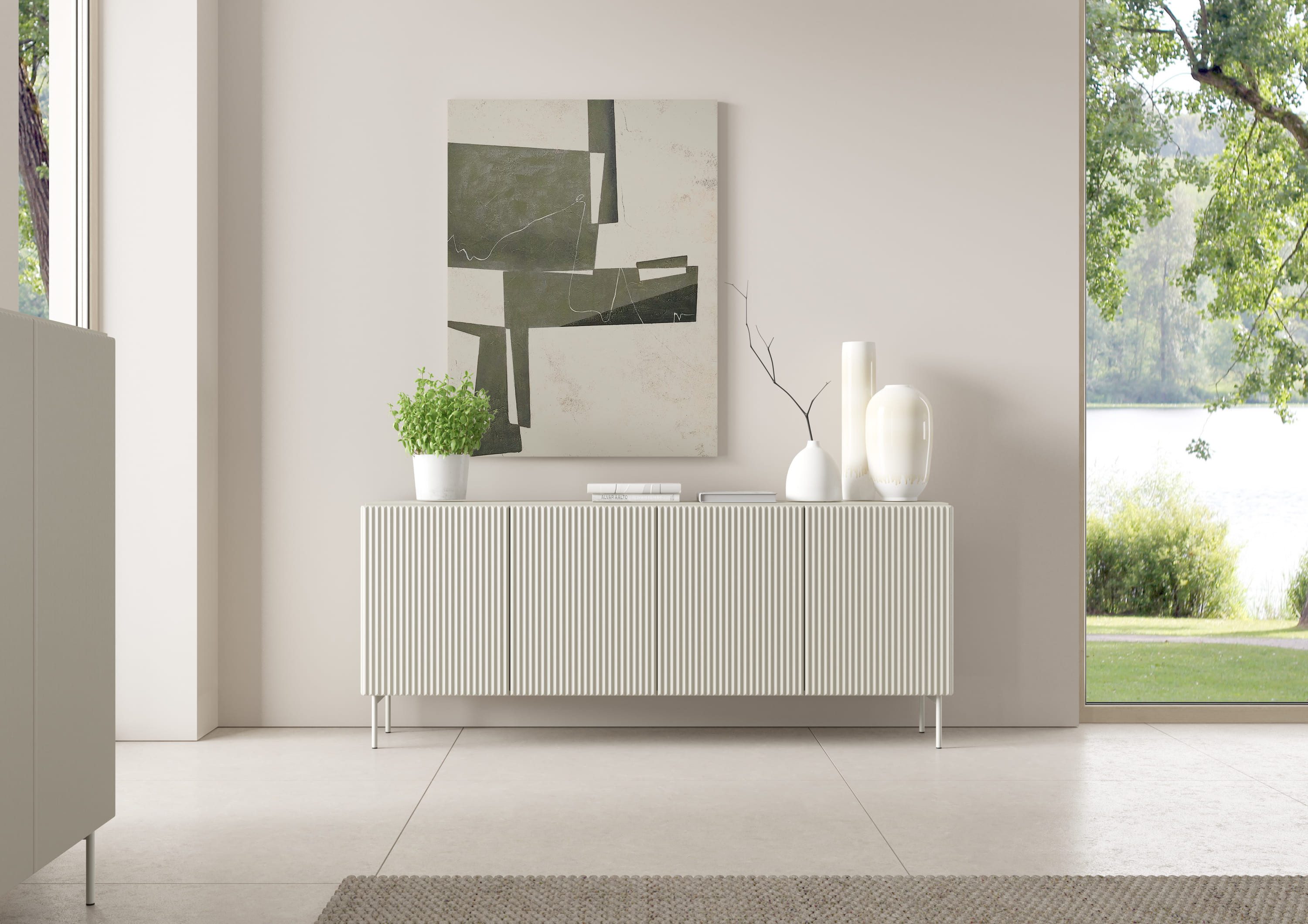 MOEBLO Kommode NORI 195 4D (Designer Sideboard & Kommode in Fluted-Optik, Kaschmir & Schwarz, modernes Wohnzimmer Highboard, stilvolles Stauraummöbel), (BxHxT): 195,2 × 81,2 × 39,8 cm