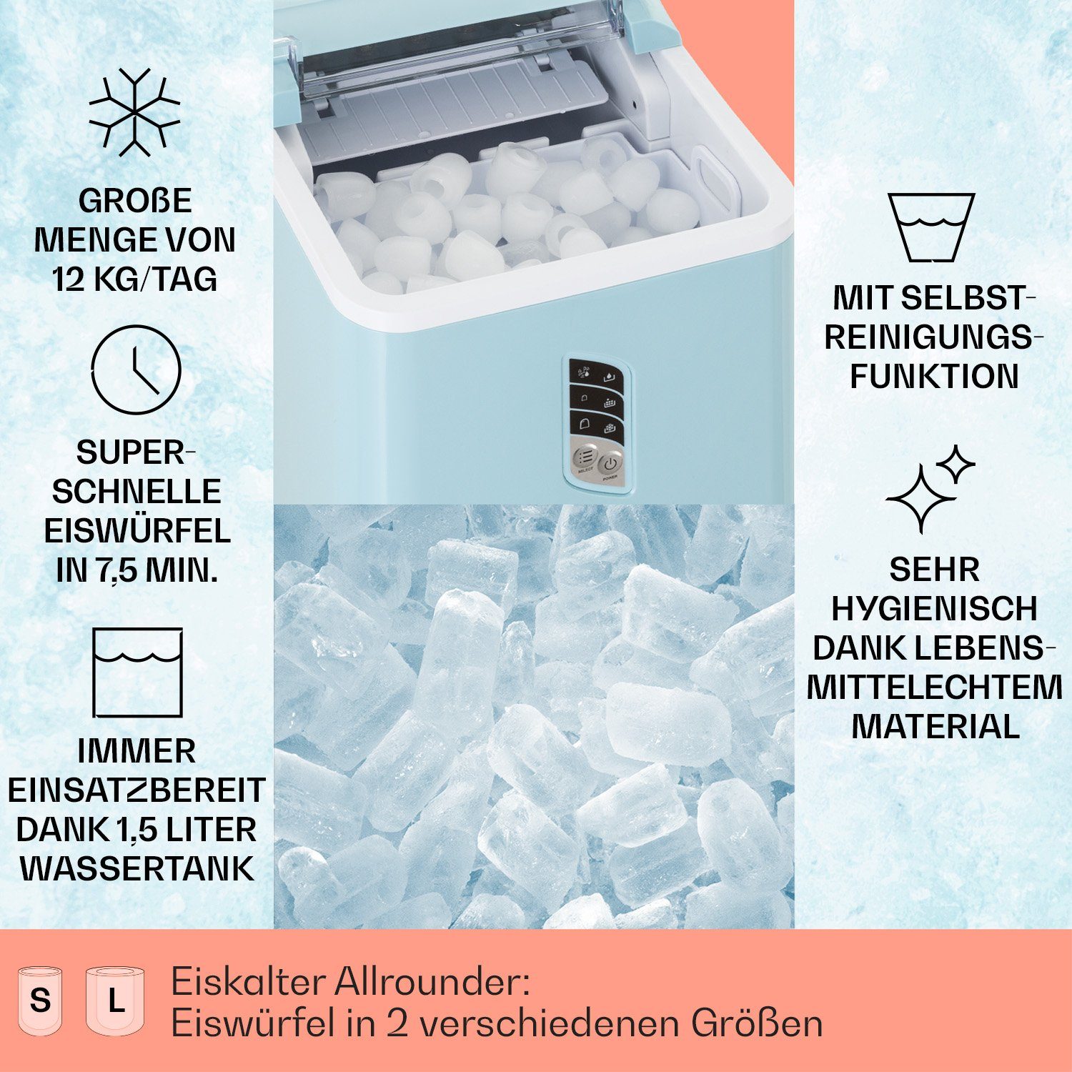 Klarstein Eiswürfelmaschine Albaron Eiswürfelbereiter, Bulleteis für Zuhause 12kg/Tag LCD Display 1,5 L Ice Maker