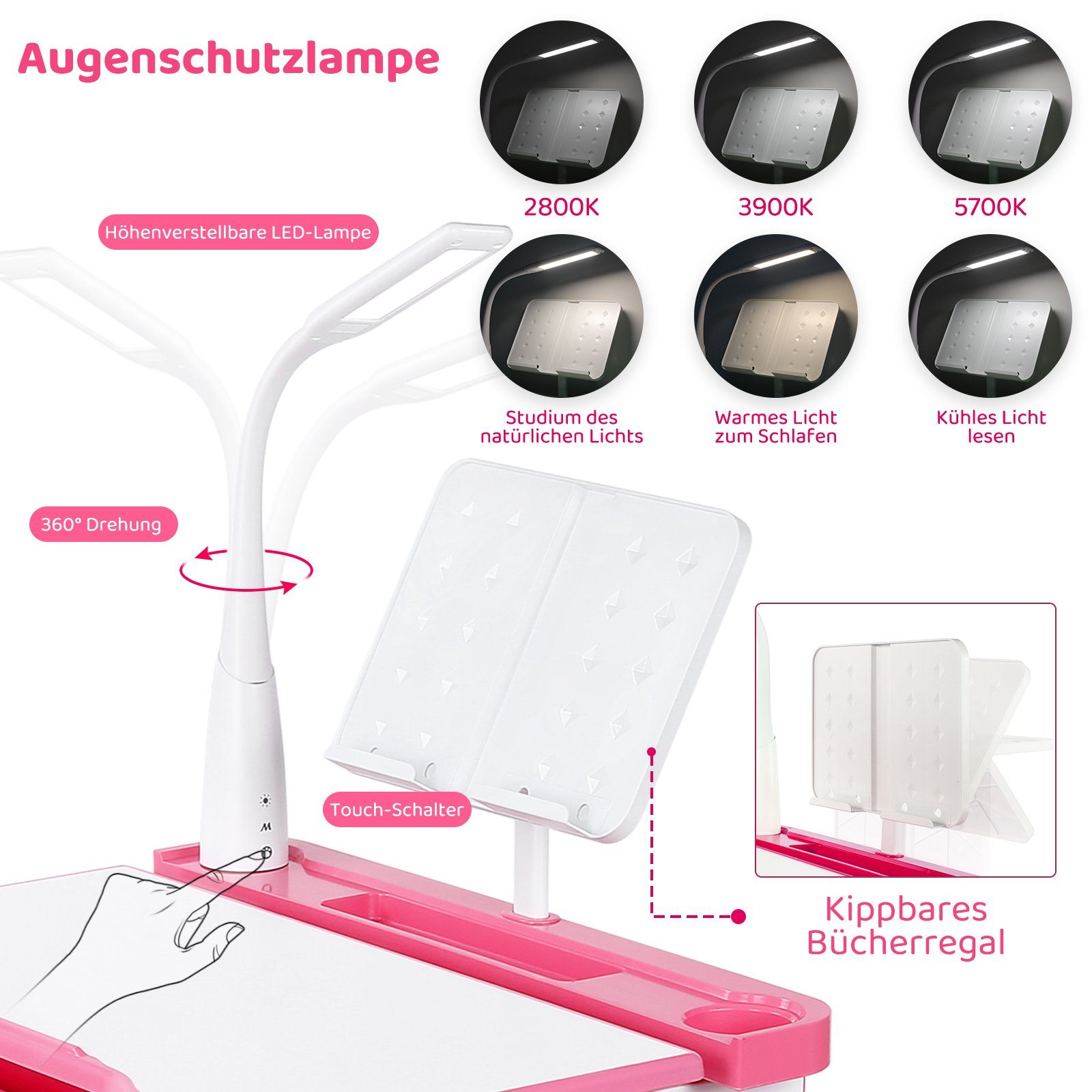 Lampe Rosa mit Femor Stuhl Femor Kinderschreibtisch Höhenverstellbar Kinderschreibtisch