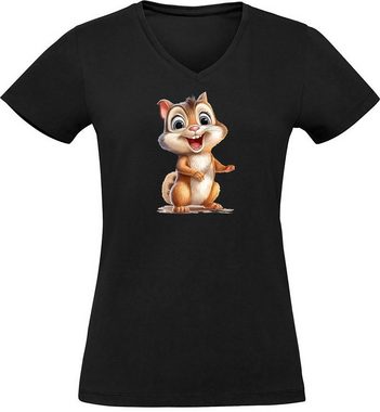 MyDesign24 T-Shirt Damen Wildtier Print Shirt - Baby Eichhörnchen V-Ausschnitt Baumwollshirt mit Aufdruck Slim Fit, i262