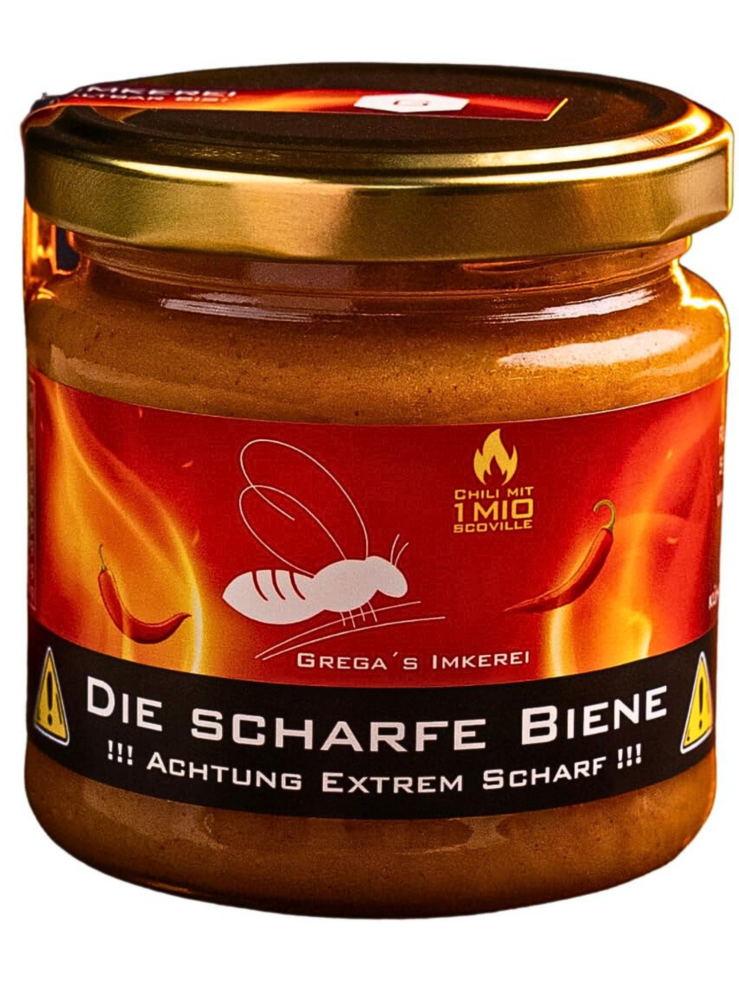 Grega´s Imkerei Honig Die Scharfe Biene 250g - Extrem scharfer Honig mit Carolina Reaper, 1 x 250 g, (für scharfe Saucen, Marinaden oder als gewagter Brotaufstrich), Extrem scharf mit Carolina Reaper Chili (über 1 Mio. Scoville)