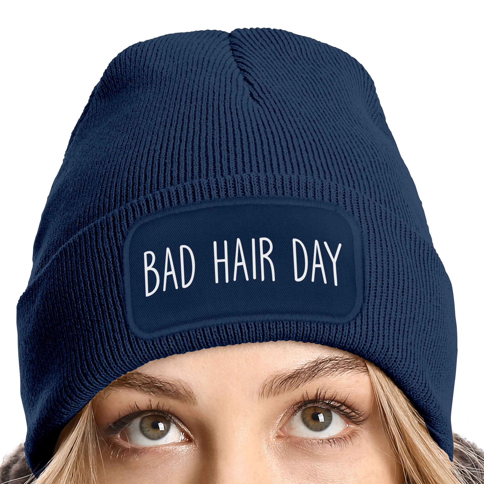 MoonWorks Strickmütze Damen Beanie mit Patch Bad Hair Day Haare Strickmütze mit Spruch