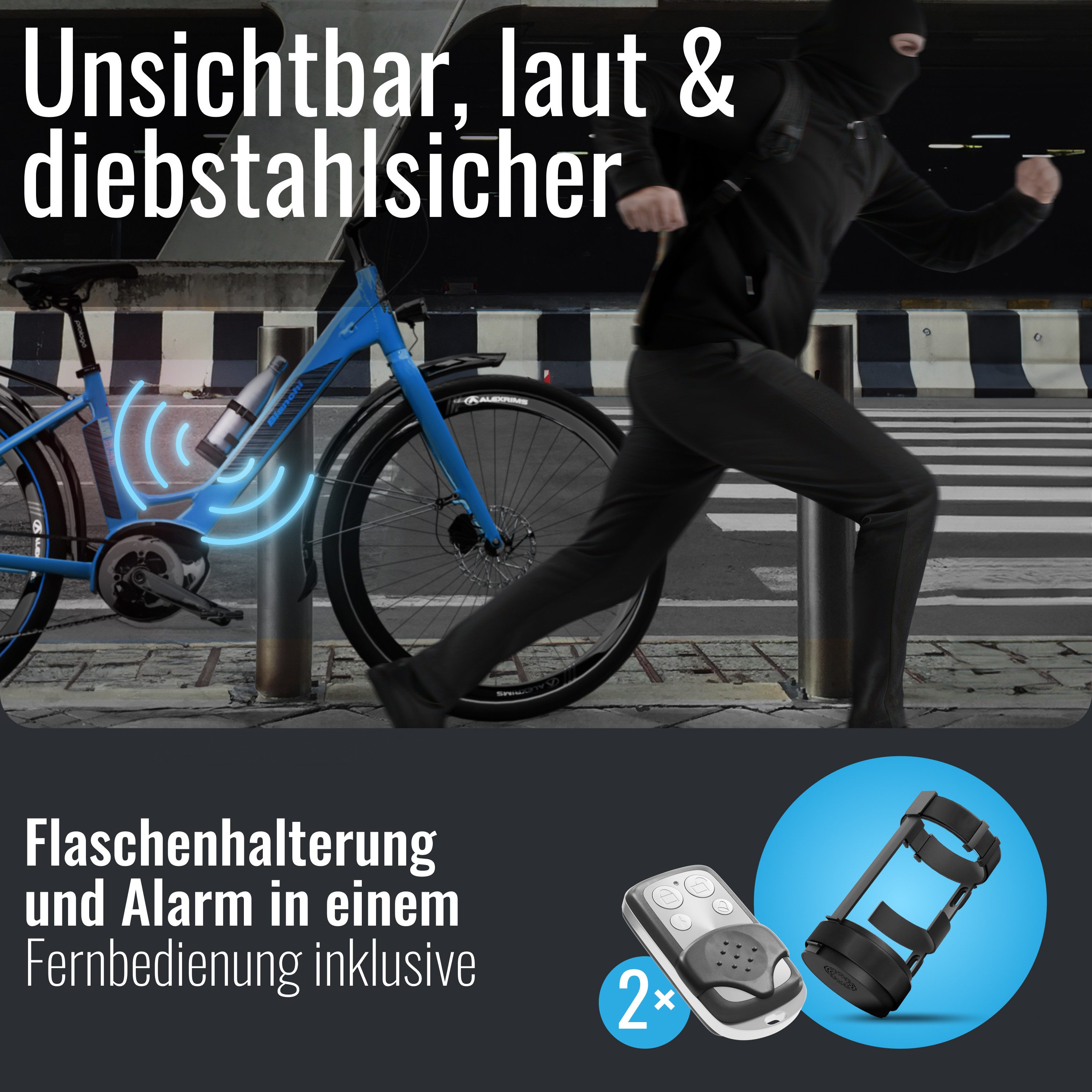 Parkwächter Fahrradalarm mit Universal Flaschenhalter Fahrrad-Alarmanlage (Wasserfeste Fahrradhalterung in schwarz)
