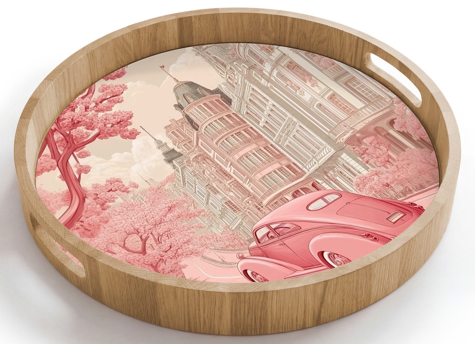 OnlyWow Tablett Rund mit Henkel Stadt - Auto - Rosa, Eichenholz, (1-tlg), Siervierplatte, Tray, Frühstücksbrett