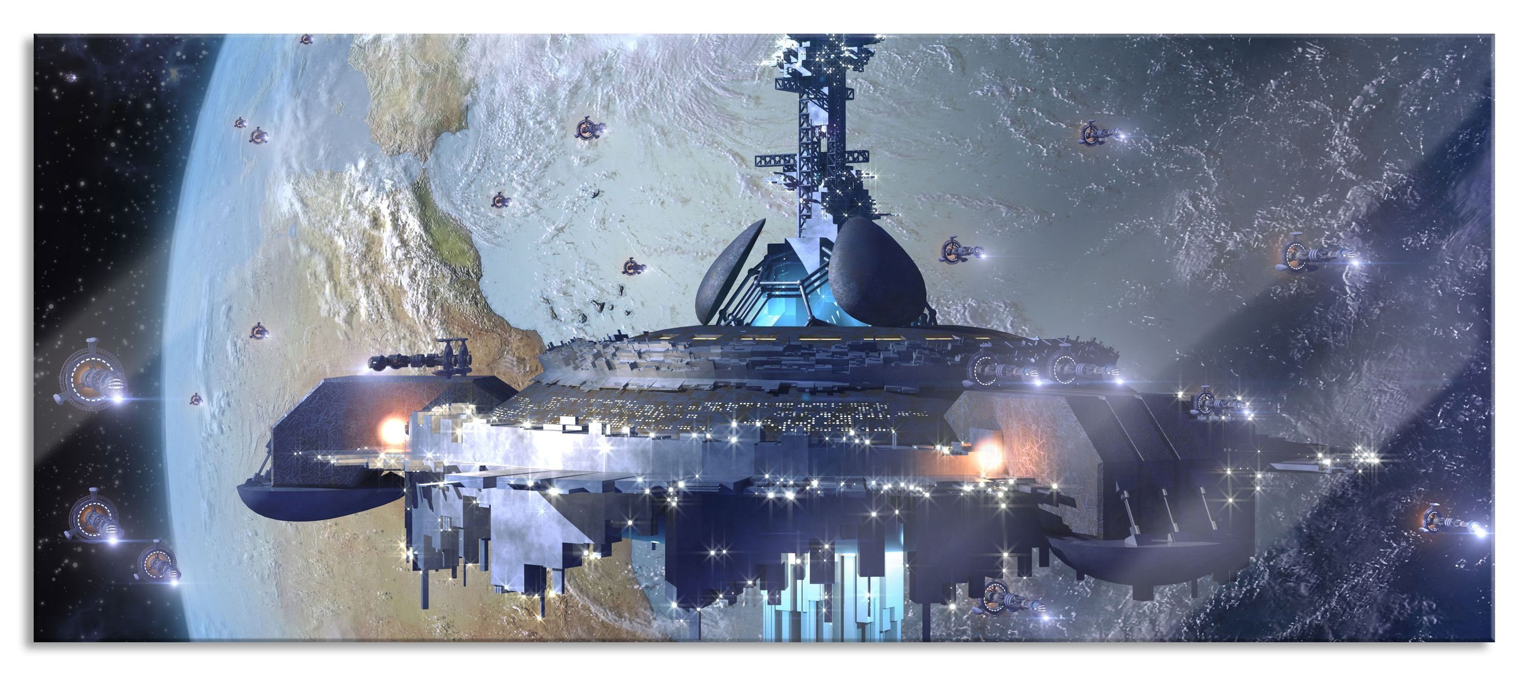 Pixxprint Glasbild Raumschiff vor der der Abstandshalter St), Erde inkl. Echtglas, und Aufhängungen Erde, Glasbild Raumschiff aus (1 vor