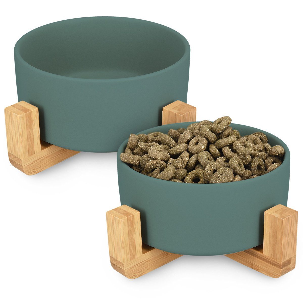 Napf 2x Futternapf mit Bambus Halter - 2er Set Keramiknapf für Katzen/Hunde