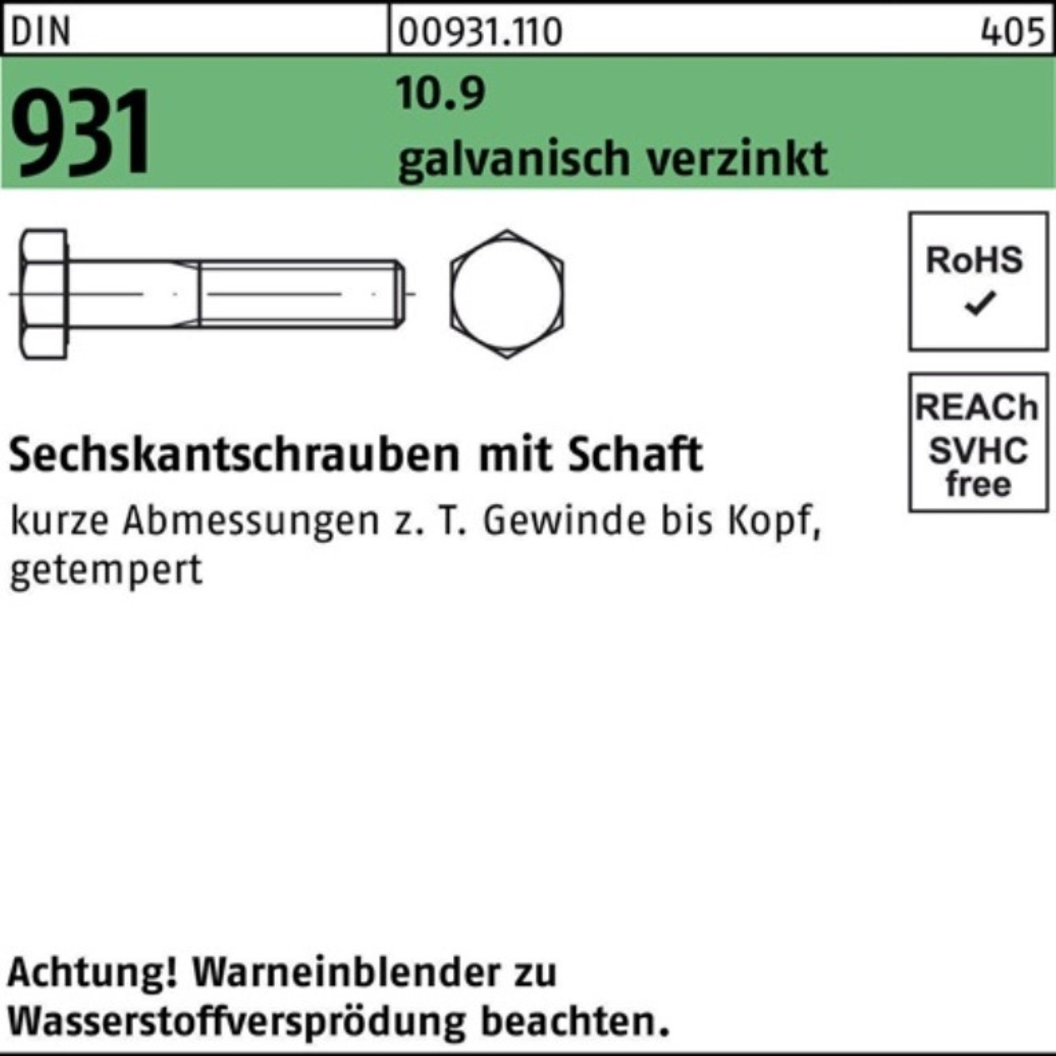 Sechskantschraube Reyher Schaft Pack 10.9 M10x DIN 10 80 100er 931 Sechskantschraube galv.verz.