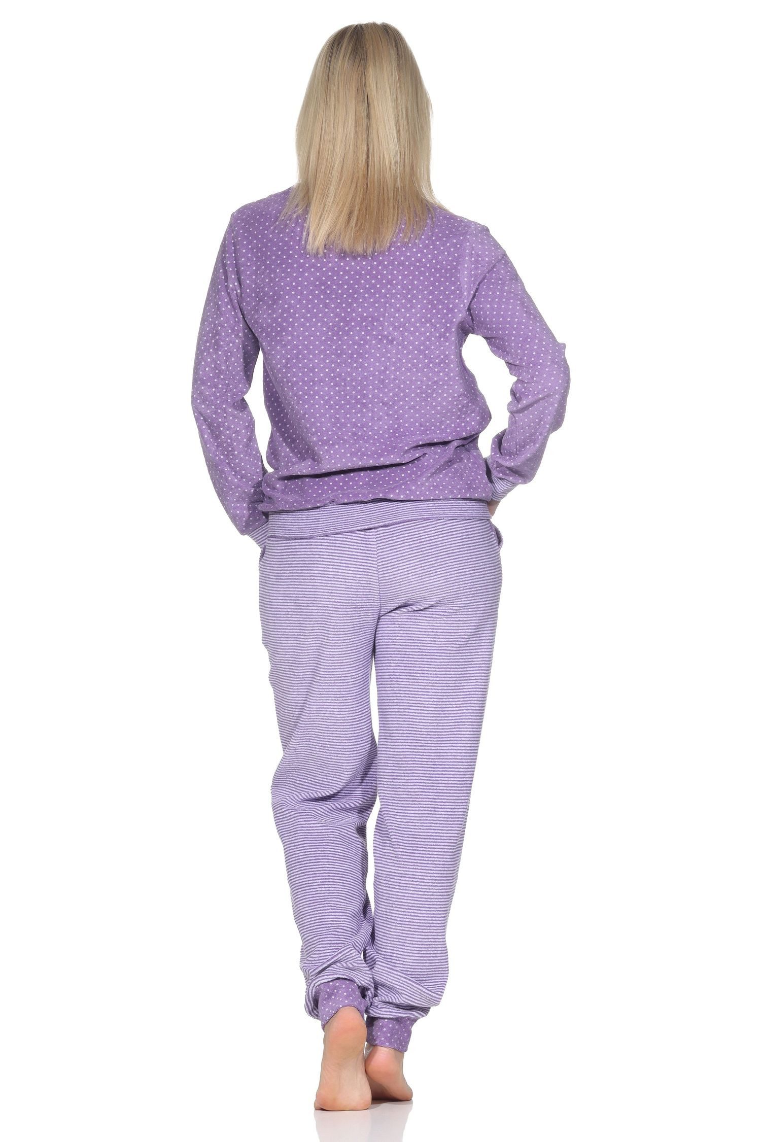 Normann Pyjama Normann Damen Frottee Pyjama mit Bündchen in Tupfen- und Ringeldesign – Bild 4 von 4