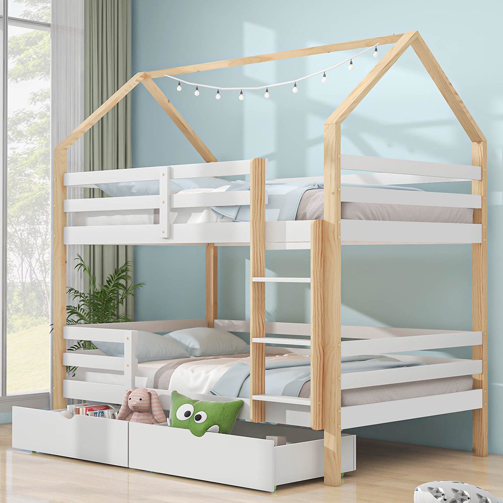 Sweiko Kinderbett (Doppelbett in Hausform,Ins und aus dem Bett kommen, große Schubladen,Kiefernholz Haus Bett for Kids), 90 x 200 cm,ohne Matratze,weiß+Holzfarbe