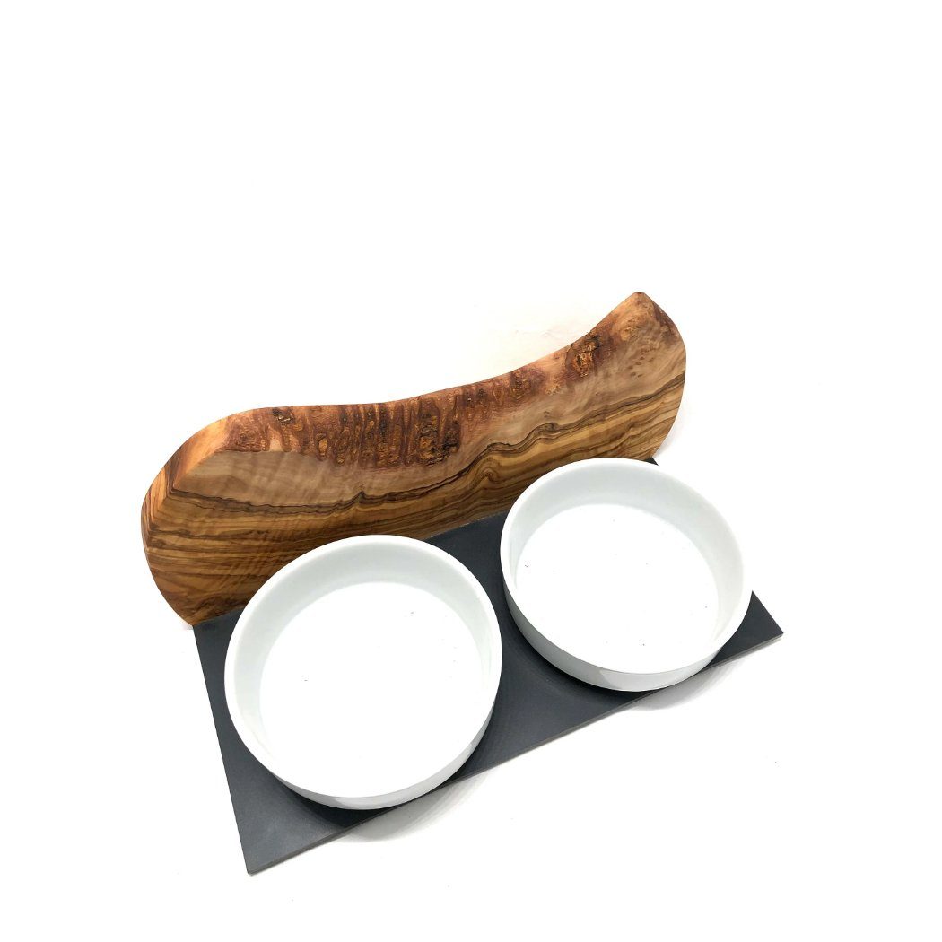 Olivenholz-erleben Futterstation 2-in-1 Futter- & Trinkstation MOUNTAIN Olivenholz mit 2x 0,4 l Schalen, Porzellan, Einzigartiger „Berg-Effekt“ aus Olivenholz – jedes Stück ein Kunstwerk