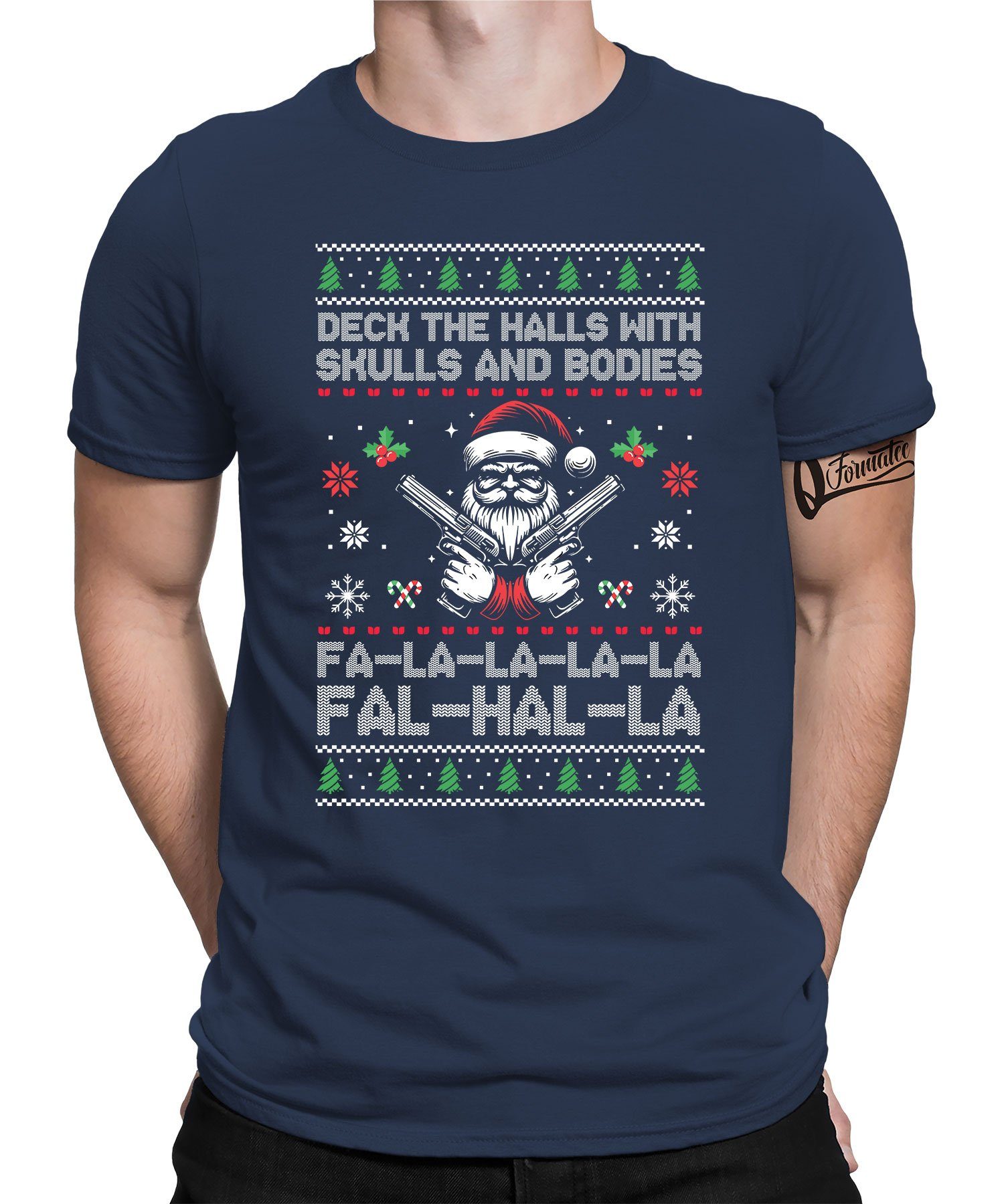 Quattro Formatee Kurzarmshirt Fa-La-La-La Valhalla Wikinger Pistole - Weihnachten X-mas Weihnachtsge (1-tlg) Navy Blau