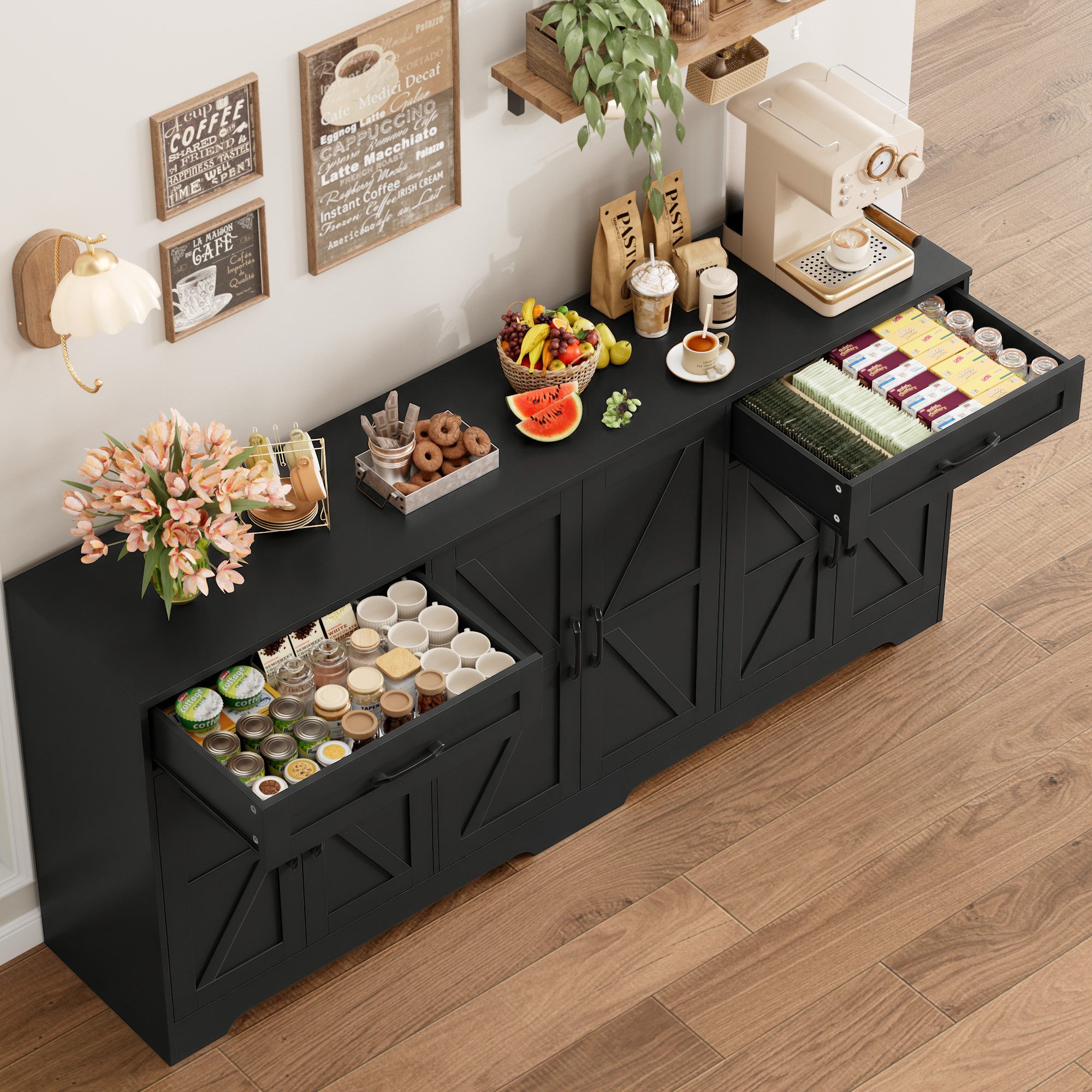 HOMECHO Sideboard, 180 cm breit Küchenschrank mit Arbeitsplatte, 6 Türen und 2 Schubladen