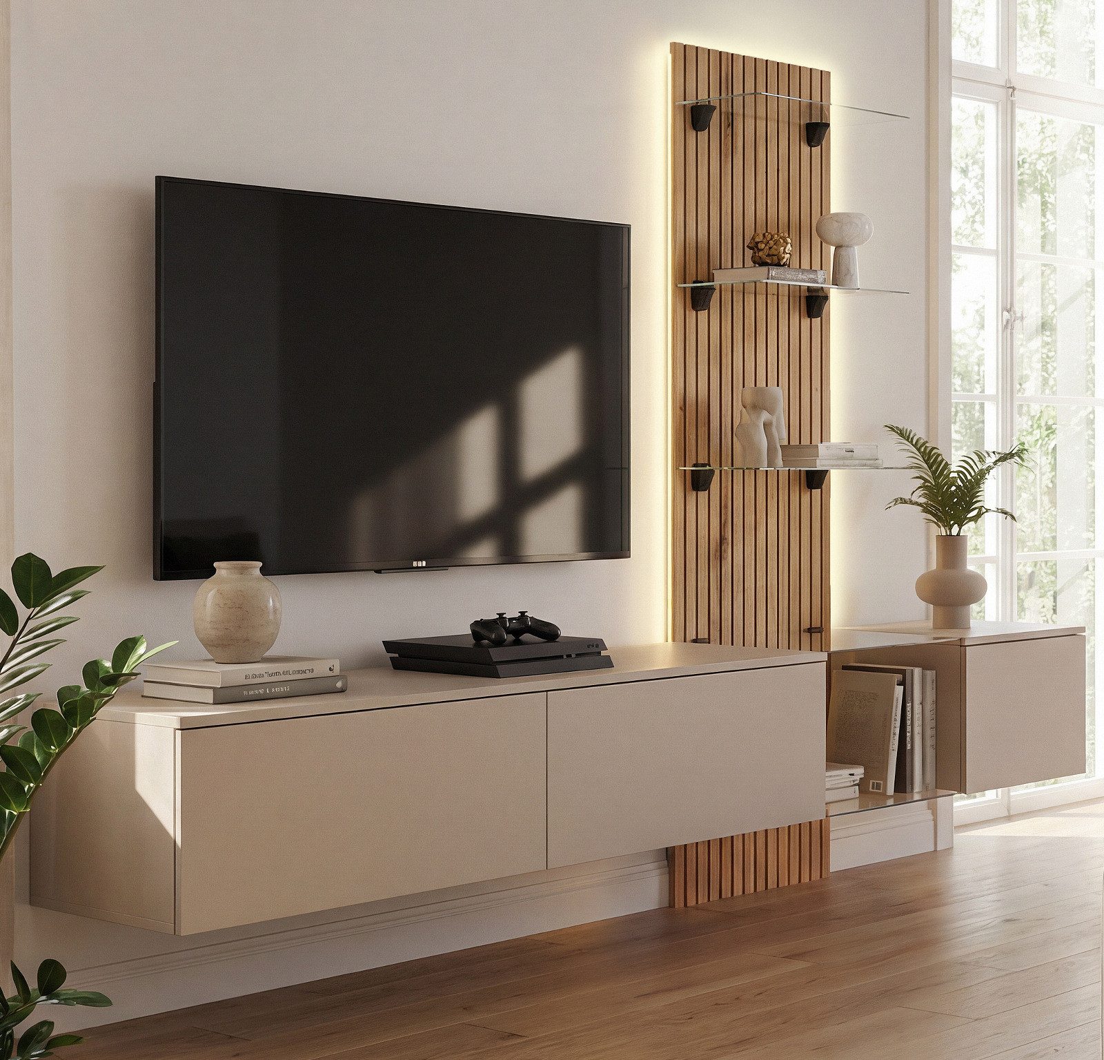 Furn.Design Wohnwand Clay, (TV Wand hängend in Grau / Lehmgrau mit Eiche, Breite 220 cm), mit Push-To-Open, Soft-Close und LED Beleuchtung