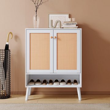 REDOM Schuhschrank Sideboard (aus natürlichem Rattan mit 2 Türen und 5 Regalböden, Massivholzbeinen)